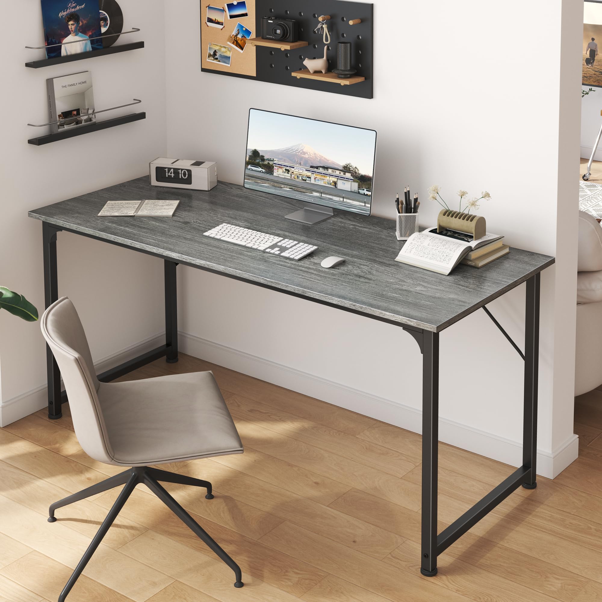 Computer Desk, 55 Inch Home Office Desk, Gaming Writing Work from Home Study Desk, Large Legroom, Sturdy Metal Frame, Modern Simple, Grey