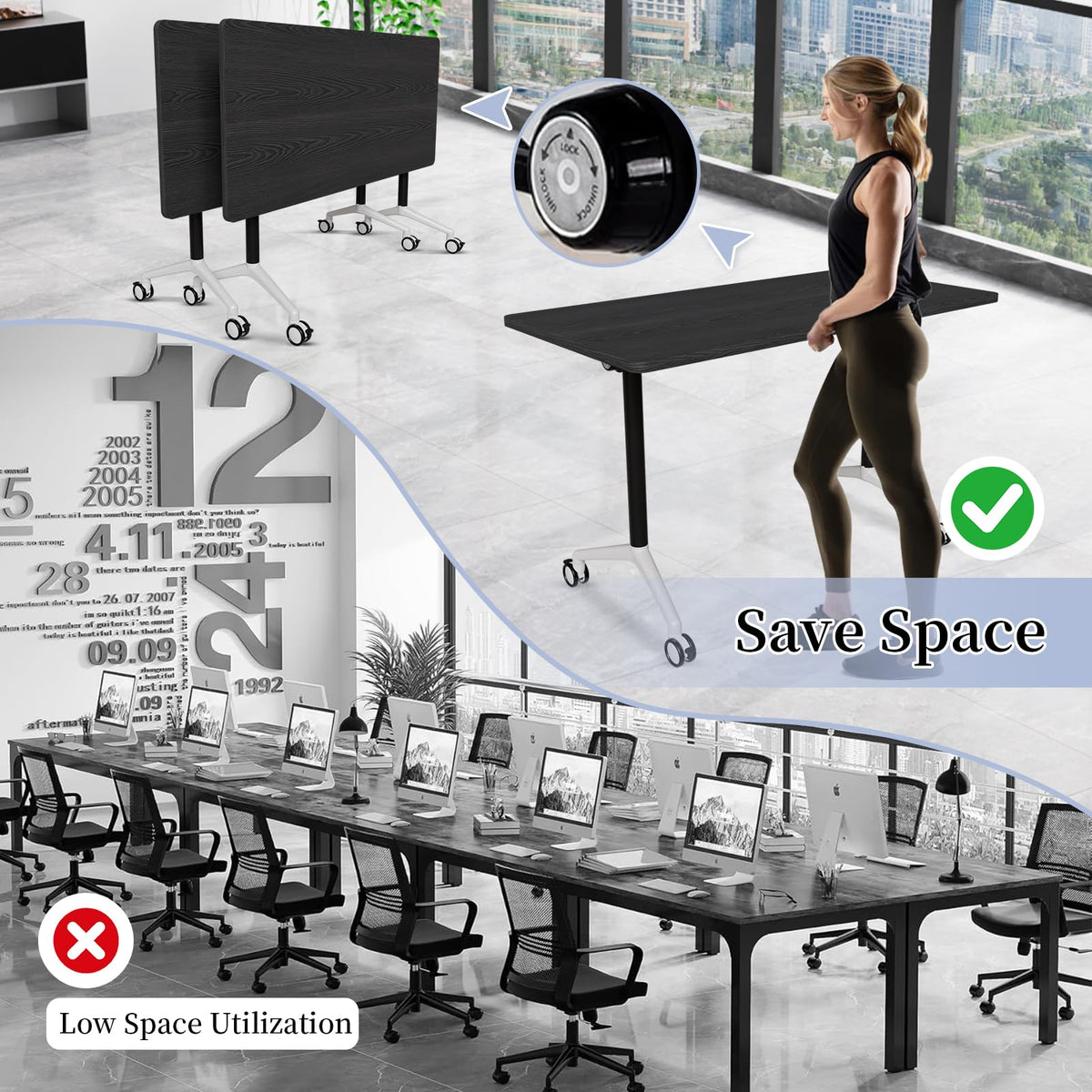 Conference Table, Folding Conference Room Tables, Modern Flip Top Seminar Training Meeting Table with Wheels, Modular Foldable Conference Tables for Home Office Classroom (Black 4 Pack,47.2inch)