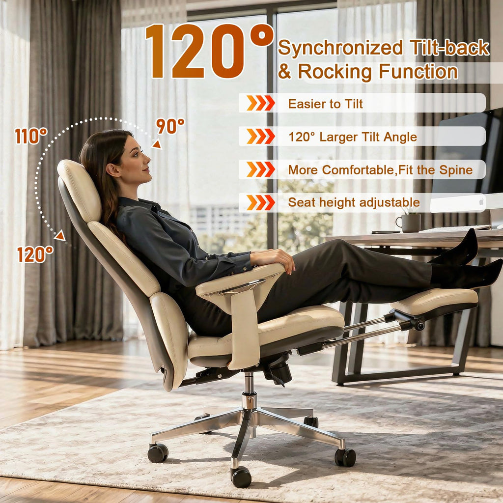 Genuine Leather Office Chair with Flexible Footrest, High Back Executive Office Chair with Lumbar Support, Adjustable Tilt Mechanism, Weight Capacity 400 lbs (White)