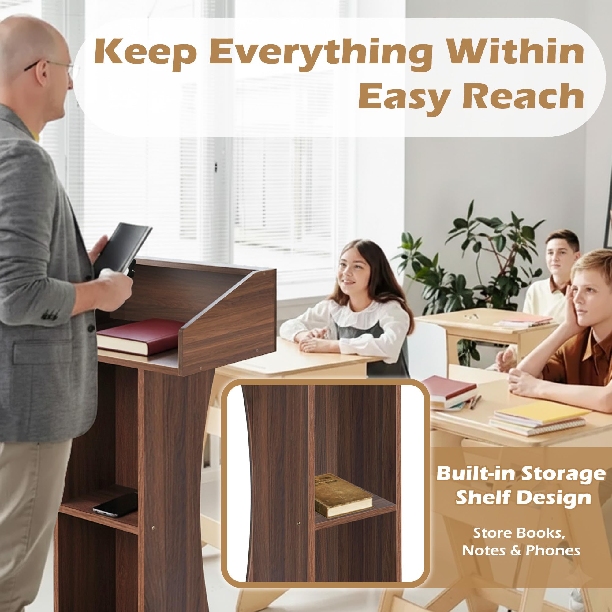 Podium Stand with Lockable Wheels,47"H Wooden Podium for Classroom, Mobile Pulpit Lectern with 3 Storage Shelves for Church, Office,Conference Room (Walnut)