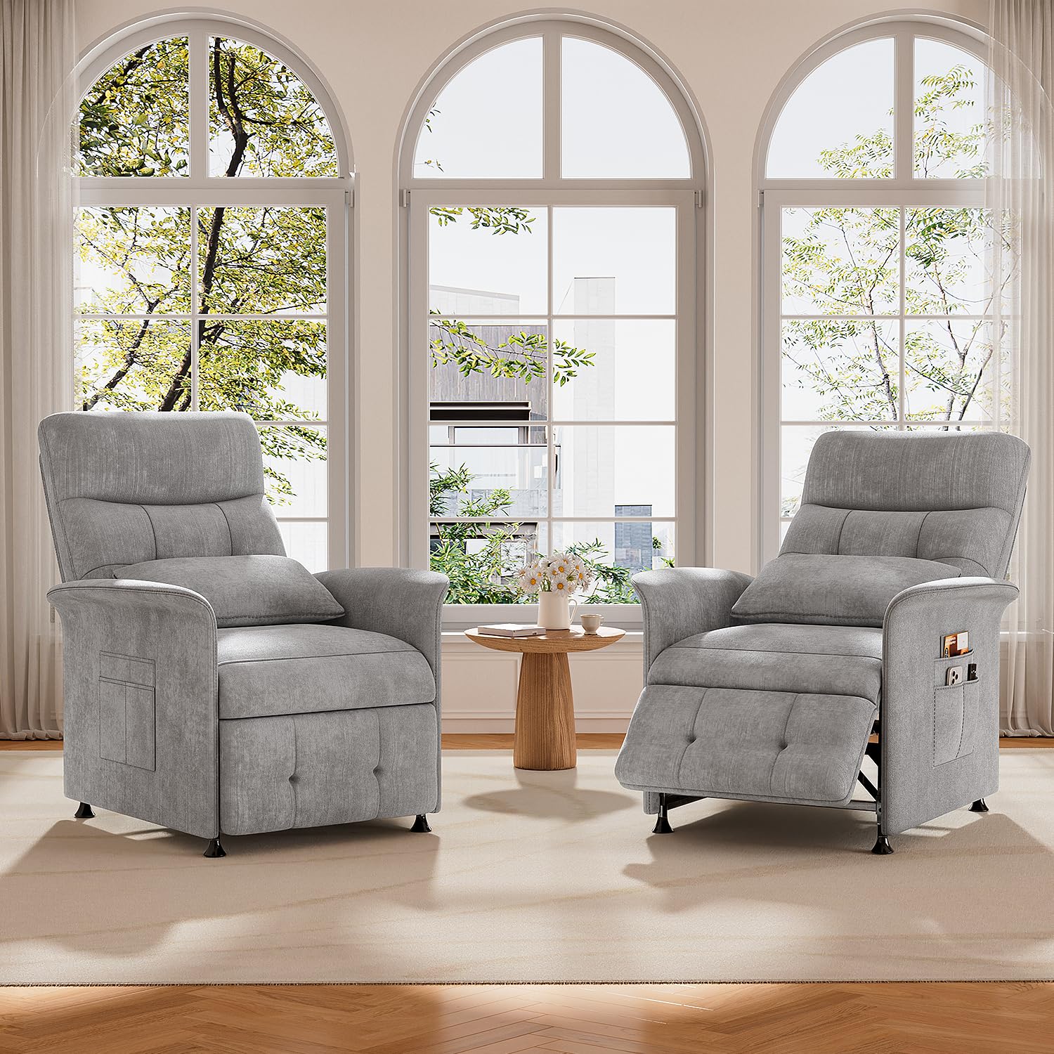 Power Recliner Chair for Adults with Heat & Massage - Soft Fabric Electric Reclining Sofa with Remote Control, 3 Side Pockets, 180° Lay Sleeper for Living Room Home Theater, Light Grey