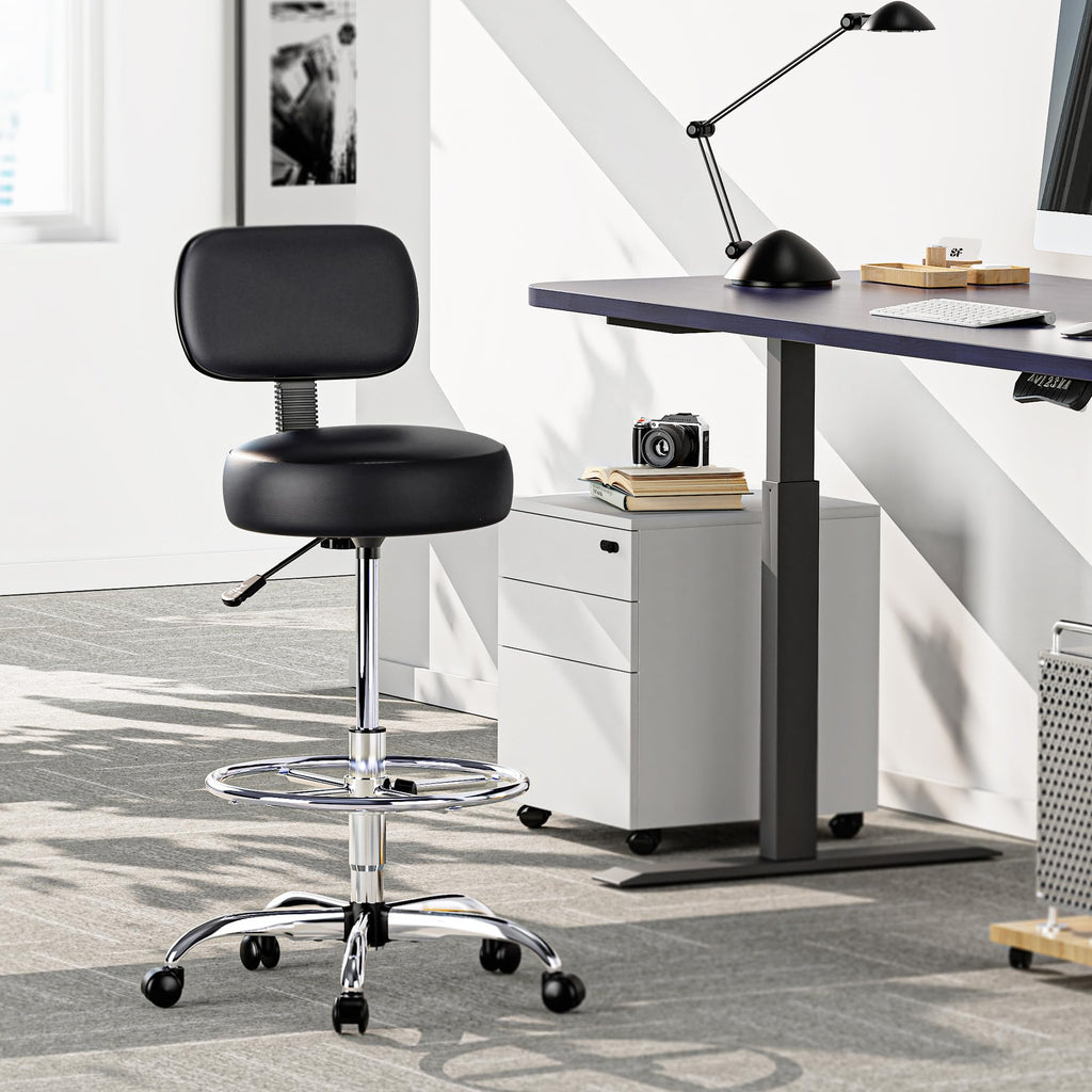Drafting Chair with Back, Adjustable Foot Rest Rolling Stool, Multi-Purpose Office Desk Chair, Thick Seat Cushion for Home Bar Kitchen Shop - Black
