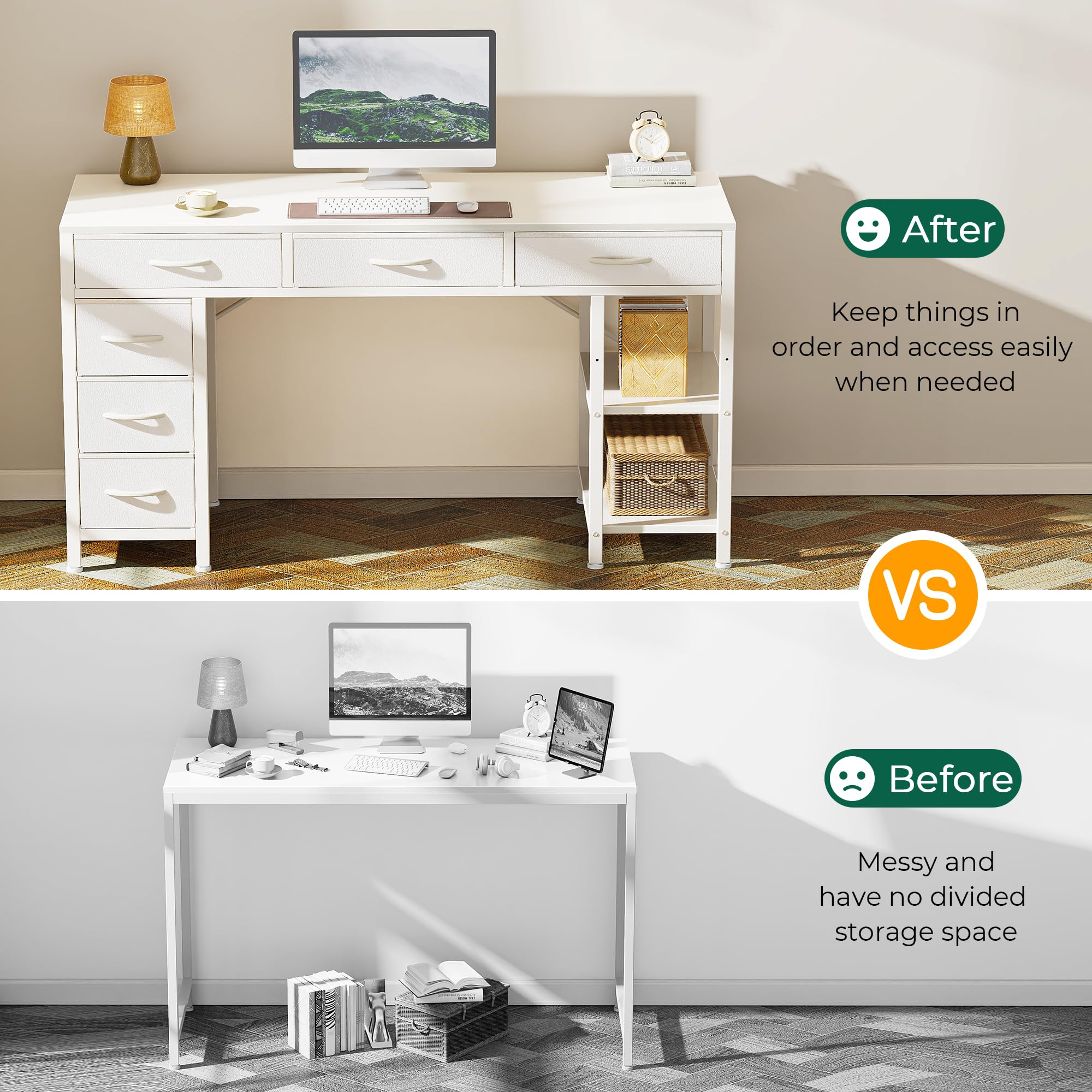 Computer Desk with 6 Drawers, Office Desk with Shelves, Reversible Gaming Desk, Corner Desk with Storage, Work for Home Office, Study, Living Room, 47inch, White