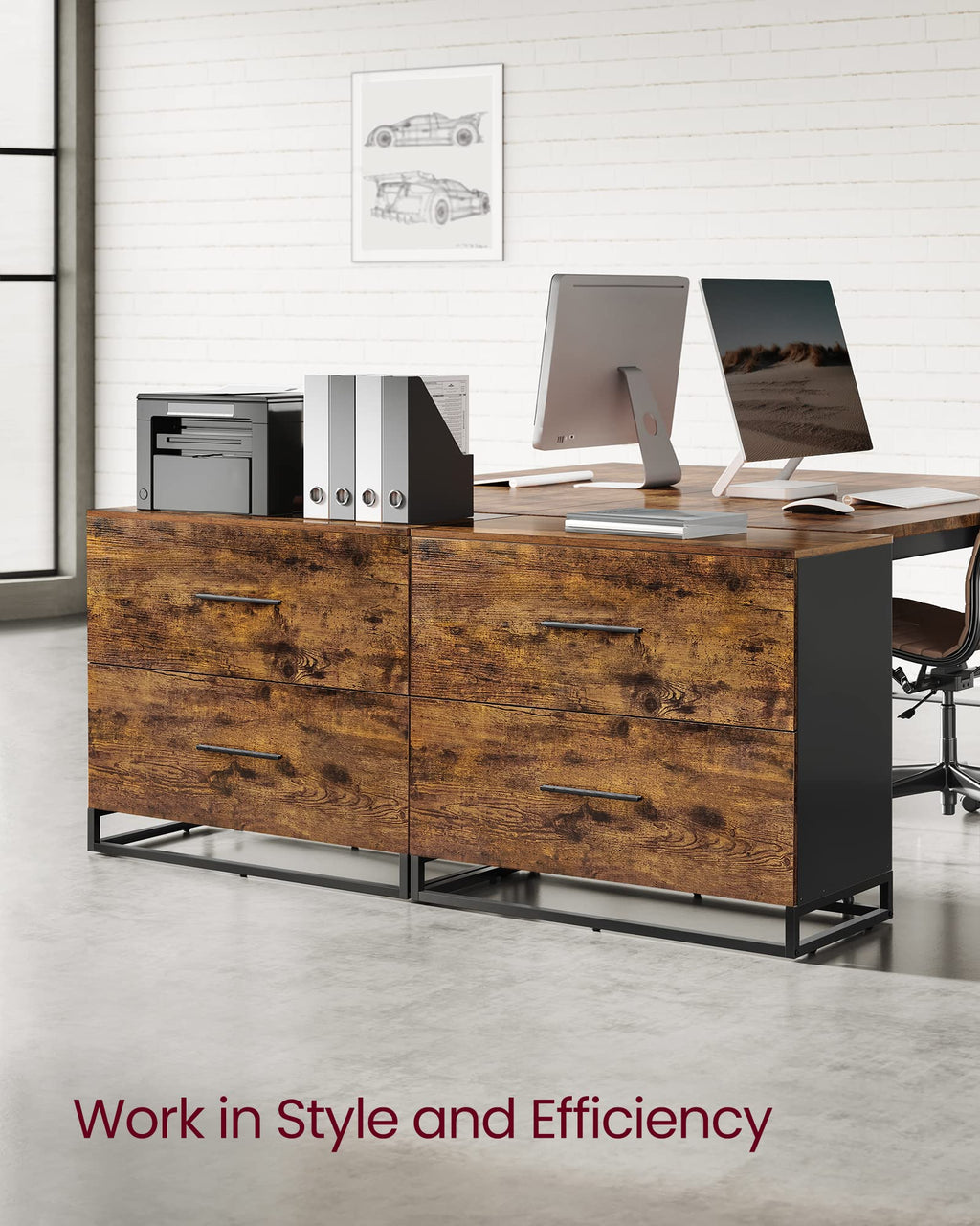 File Cabinet, Home Office Printer Stand, 2-Drawer Filing Cabinet, with Anti-tip Interlocking Mechanism, for A4, Letter-Size, Legal-Size Hanging Files, Rustic Brown and Ink Black