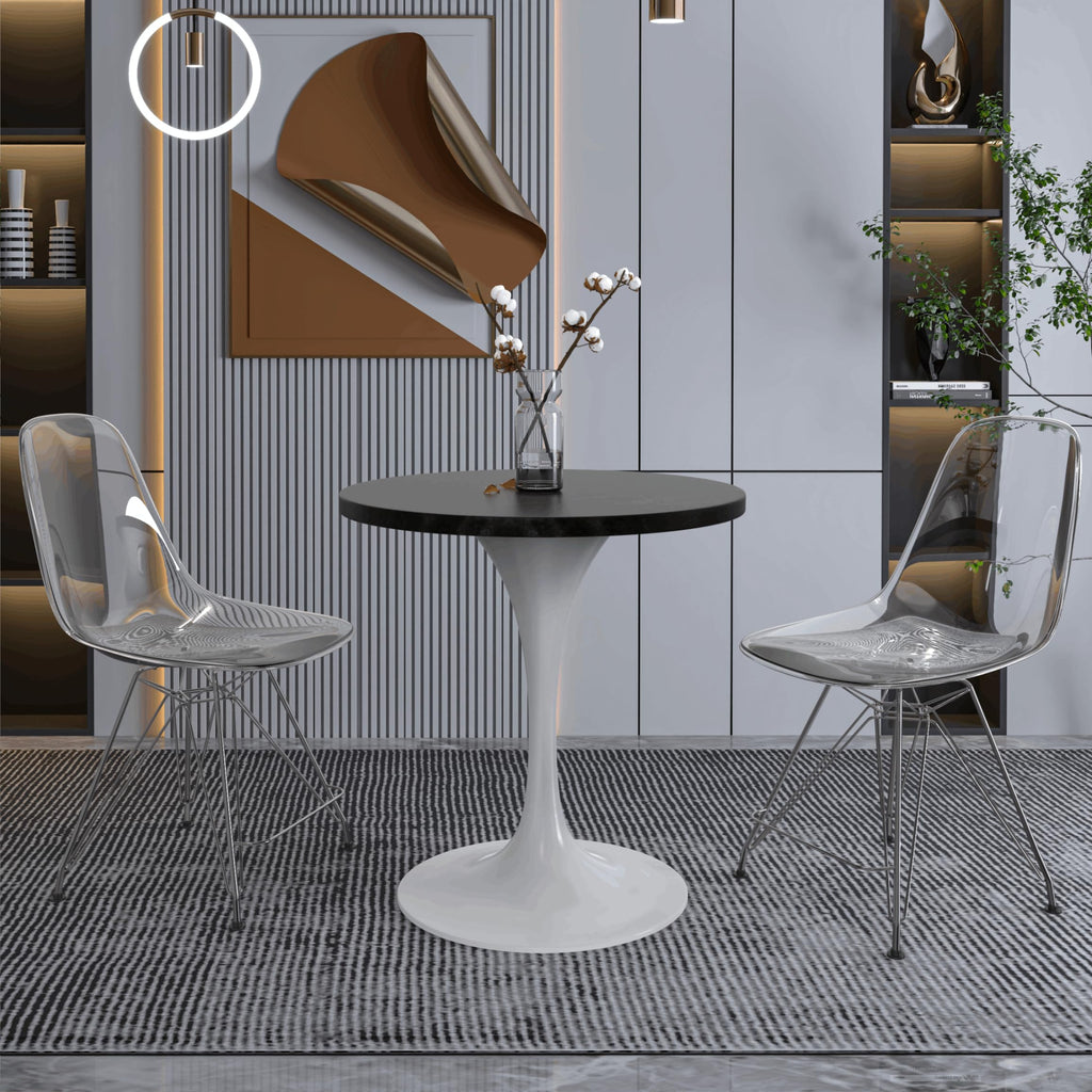 LeisureMod Verve Mid-Century Modern 27 Inch Round Dining Table, MDF Wood Tabletop with White Steel Pedestal Base, Contemporary Kitchen & Dining Room Table, Small Space Breakfast Table, Black