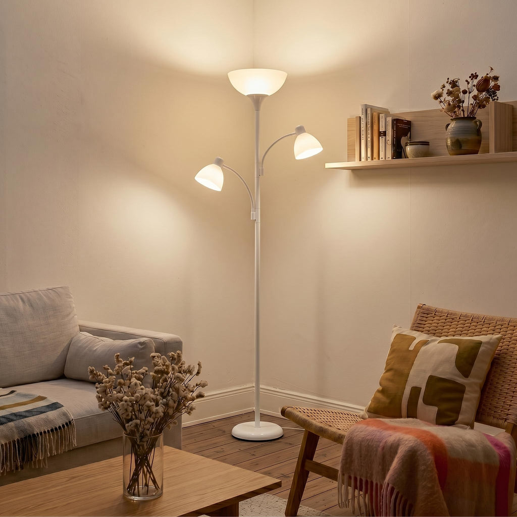 Sky Dome Double – High Brightness Torchiere Floor Lamp with 2 Reading Lights for Living Rooms, Bedrooms – Replace Halogen Standing Lamps with Efficient LED Office Lighting - Tall White Pole
