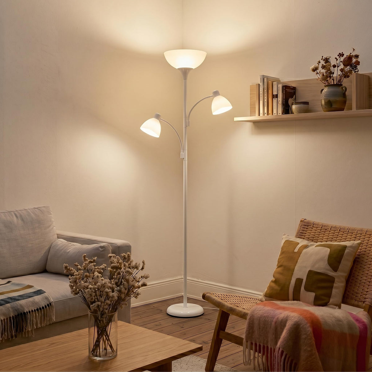 Sky Dome Double – High Brightness Torchiere Floor Lamp with 2 Reading Lights for Living Rooms, Bedrooms – Replace Halogen Standing Lamps with Efficient LED Office Lighting - Tall White Pole