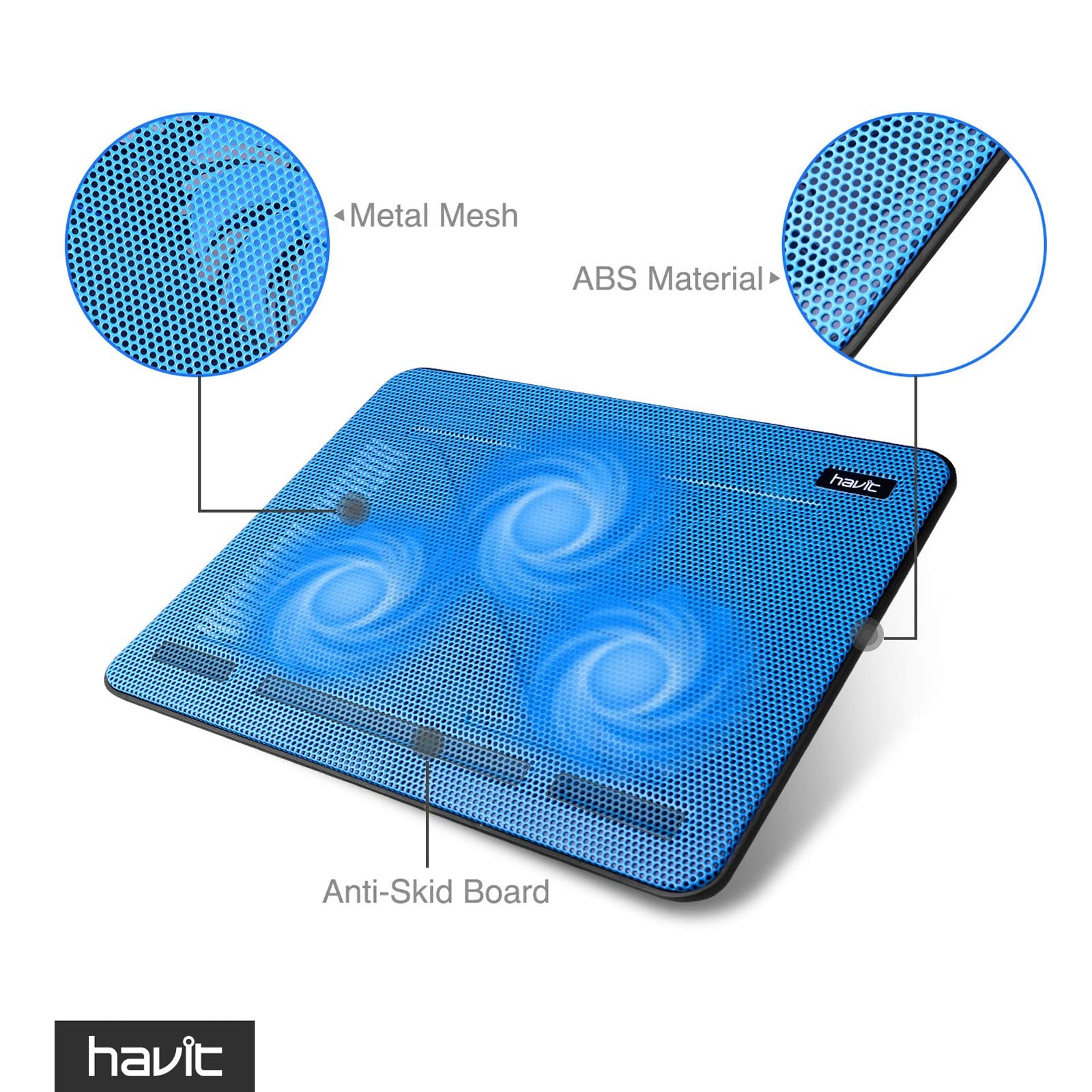 15.6-17 Inch Laptop Cooler Cooling Pad - Slim Portable USB Powered (3 Fans) (Blue)