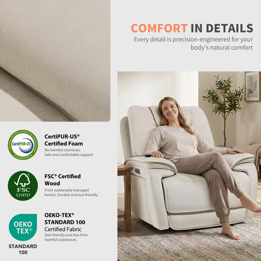 Triple Motor Lay Flat Zero Gravity Power Recliner Chair with Heat and Massage, Independent Adjustable Backrest Footrest Headrest, 400lbs Heavy Duty Medium Size, Stylish Chenille, Cream White