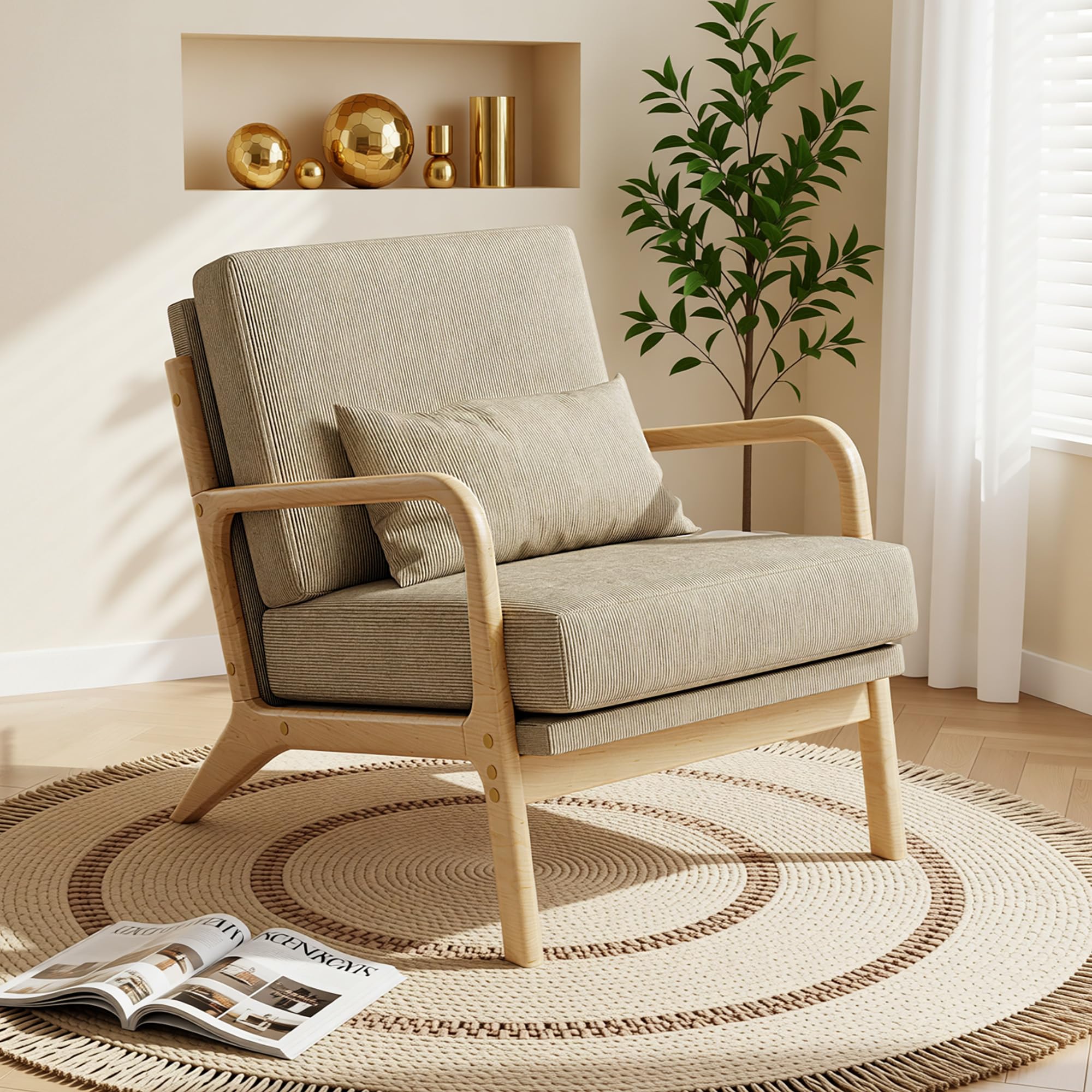 Mid-Century Modern Accent Chair, Armchair with Solid Wood Frame & Lumbar Pillow, Comfy Upholstered Lounge Chair for Office, Bedroom, Corduroy, Khaki
