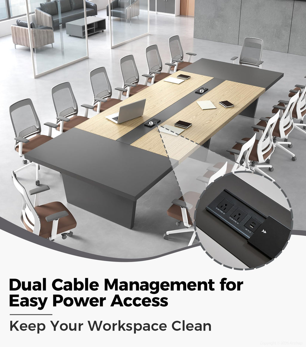 8FT Conference Table, Seats 8 to 10, Rectangular Boardroom Meeting Table with Built-in Power Outlets and USB Ports, 2" Thick Tabletop & Heavy-Duty Base (Oak & Gray, 95" L * 47" W * 30" H)