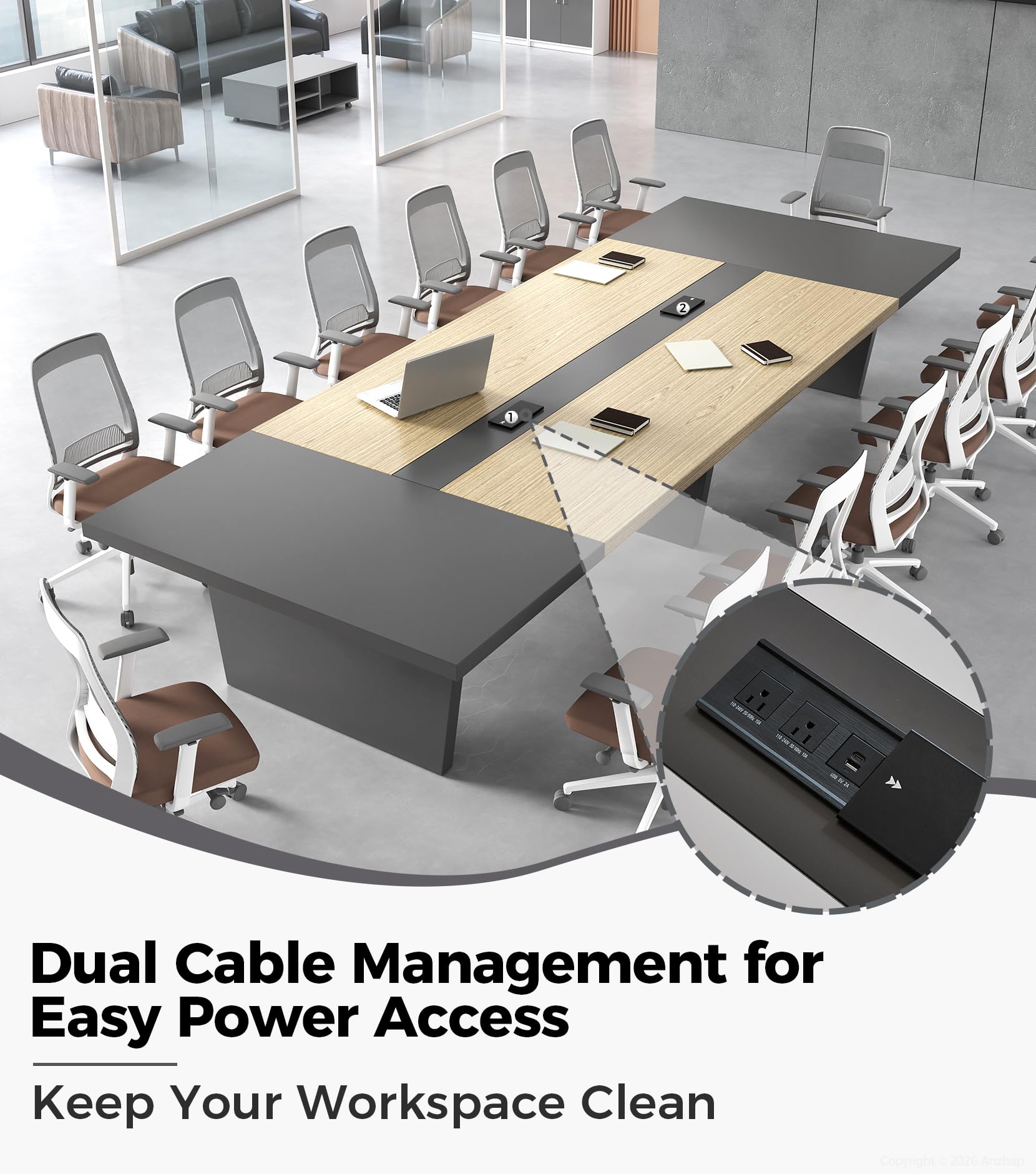 8FT Conference Table, Seats 8 to 10, Rectangular Boardroom Meeting Table with Built-in Power Outlets and USB Ports, 2" Thick Tabletop & Heavy-Duty Base (Oak & Gray, 95" L * 47" W * 30" H)