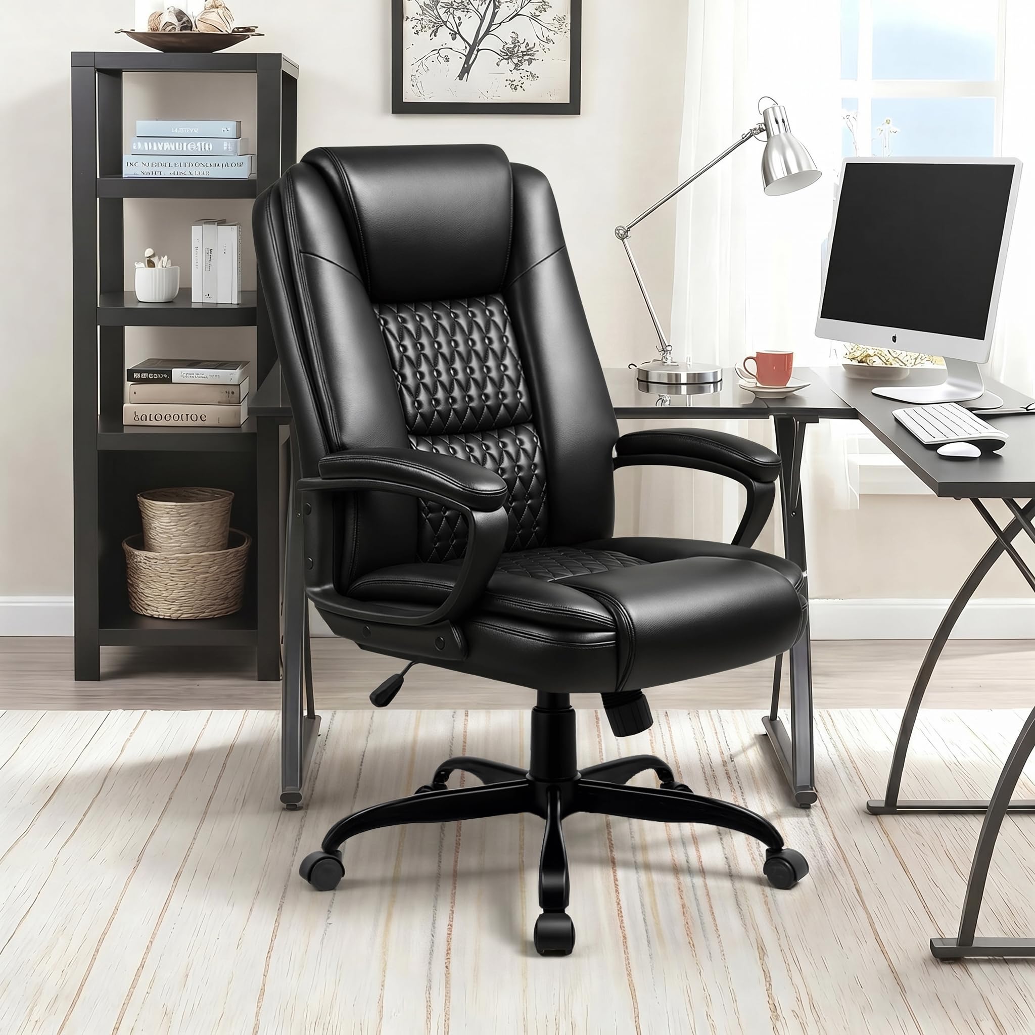 Leather Office Desk Chair,Ergonomic Office Chair with Lumbar Support,Computer Chair,Executive Leather Chair with Padded Flip-up Arm,Adjustable Armrests, Black,275LBS
