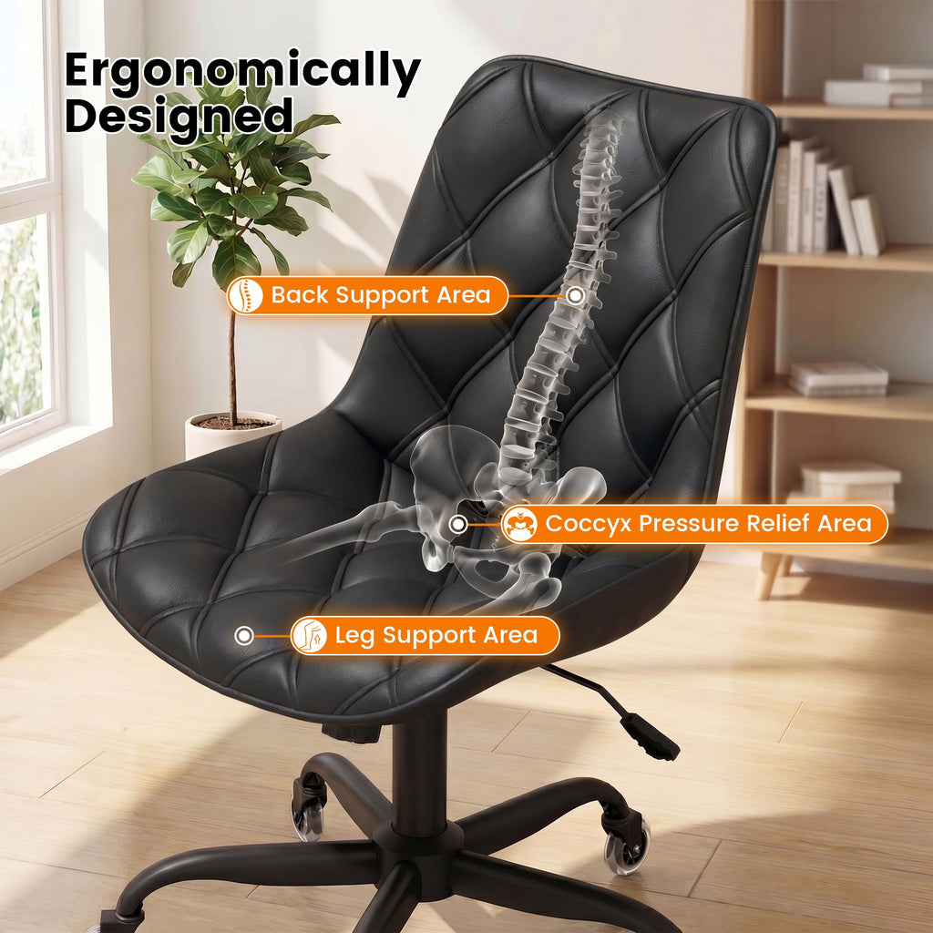 Armless Office Chair, Mid Back Modern Desk Chair with Rubber Wheels, 360 Swivel PU Leather Office Chair No Arms, Adjustable Height Small Computer Chair, Armless Desk Chair for Office, Black