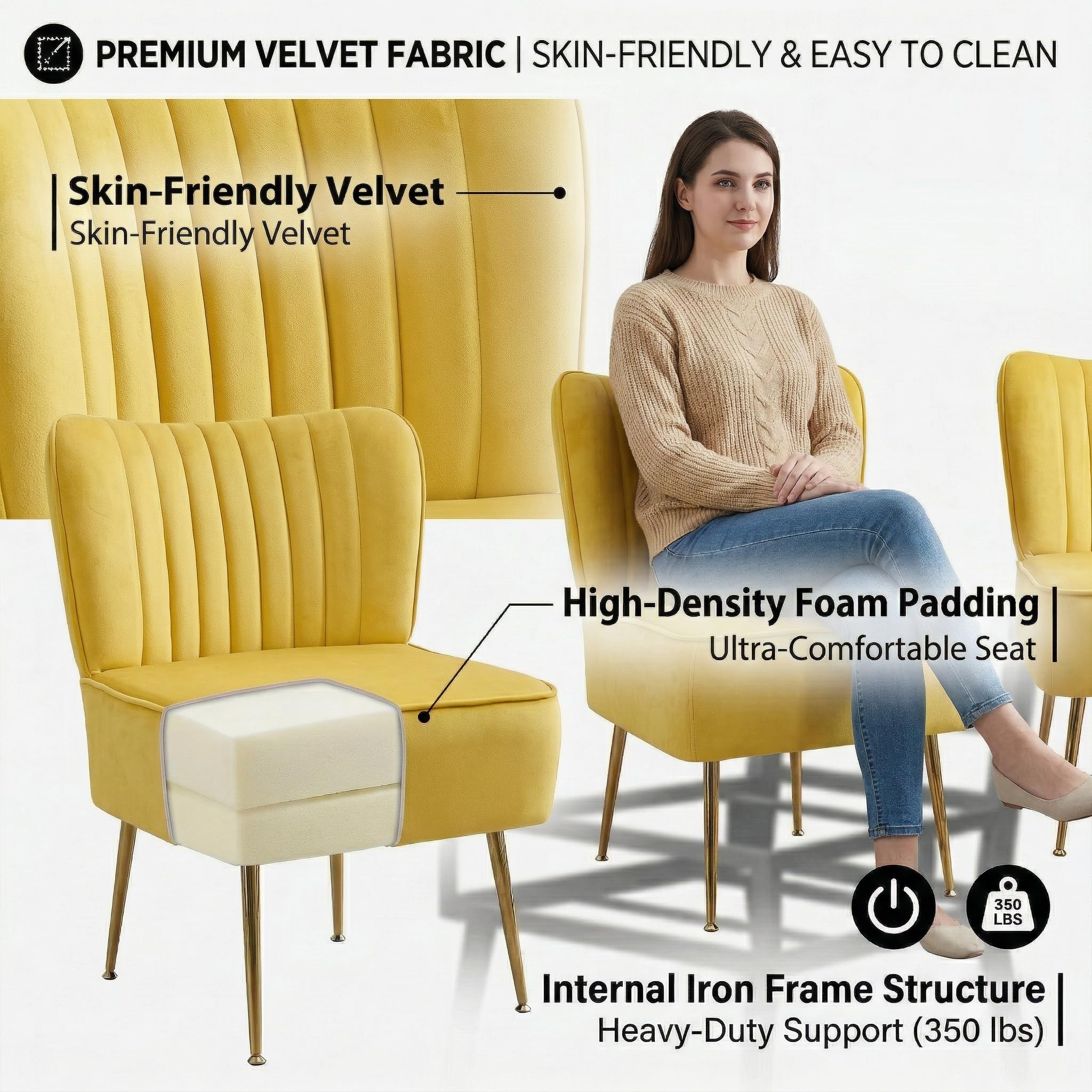 Modern Velvet Accent Chair Single 1 Pack, Comfy Slipper Chair with Heavy Duty Iron Frame & Gold Legs, Mid Century Side Sofa Chair for Living Room Bedroom Vanity（Yellow）