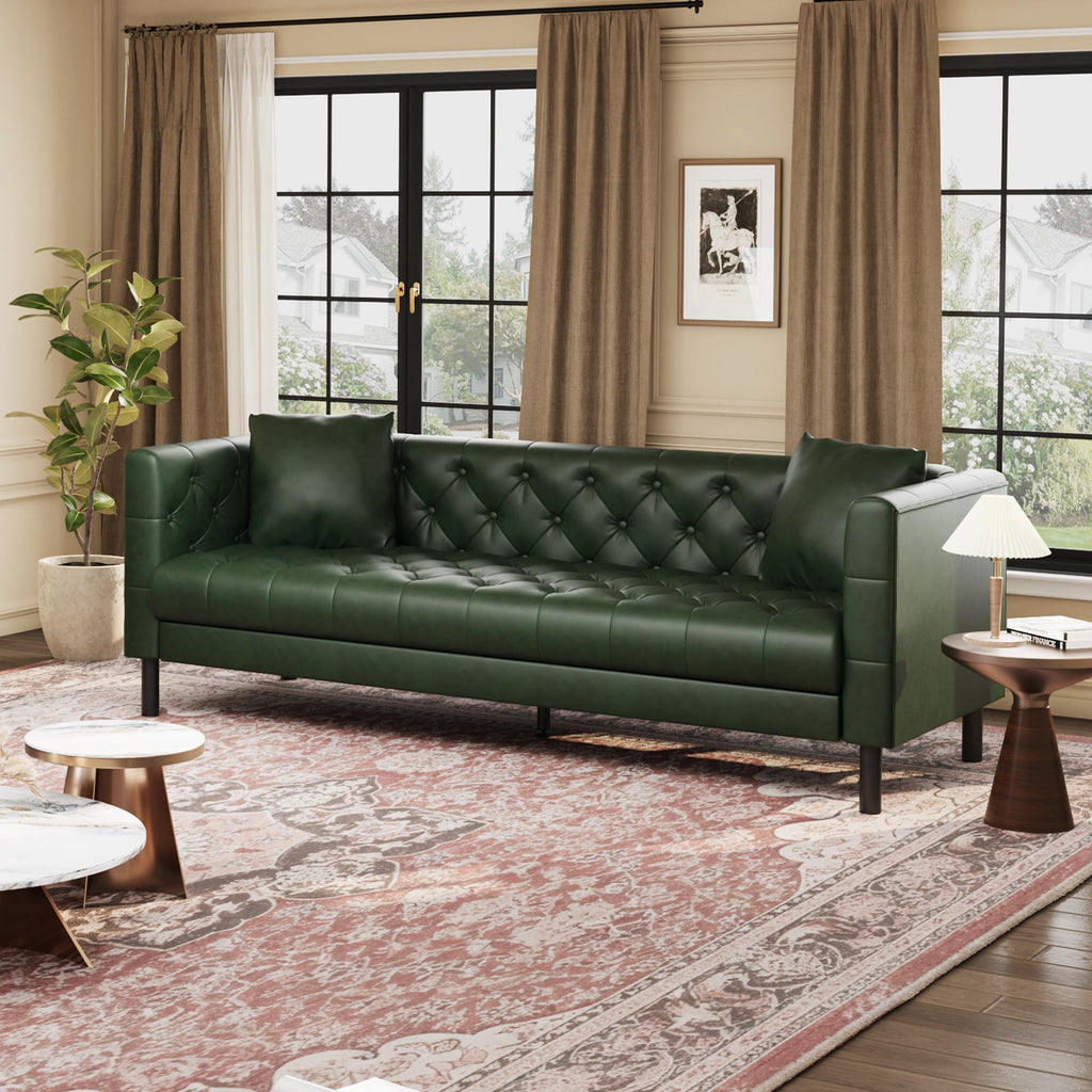 81 in Leather Couch, Modern Sofa Couch with Deep Seat, Handmade Button Tufted 3 Seater Sofa, Leather Sofa for Apartment, Office, Green