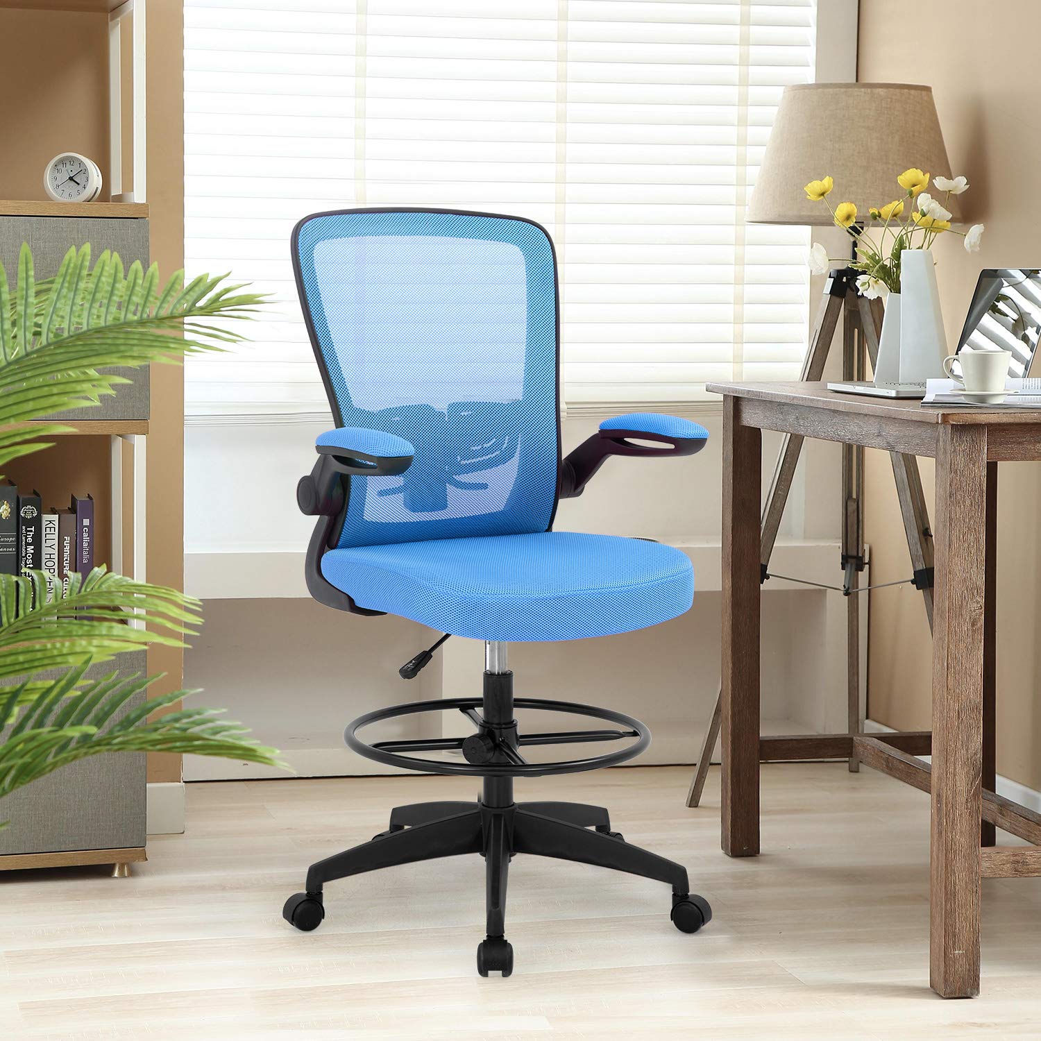 Drafting Chair Tall Office Chair Adjustable Height with Lumbar Support Arms Footrest Mid Back Standing Desk Chair Swivel Rolling Mesh Computer Chair Standing Desk Drafting Stool Blue