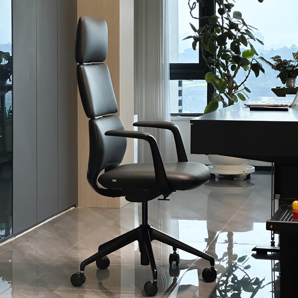 Executive Leather Office Chair, Top Grain Genuine Leather Executive Chair High Back with headrest, Adjustable Tilt & Height, Ergonomic Swivel Chair with Wheels (Black)