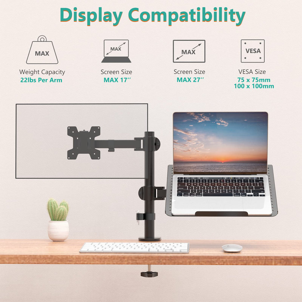 Dual Arm Laptop and Monitor Desk Mount for 17" Notebook and Up to 27" Screen, Fully Adjustable Monitor Arm with Laptop Tray, VESA 75x75 100x100, Holds up to 22 lbs, Black