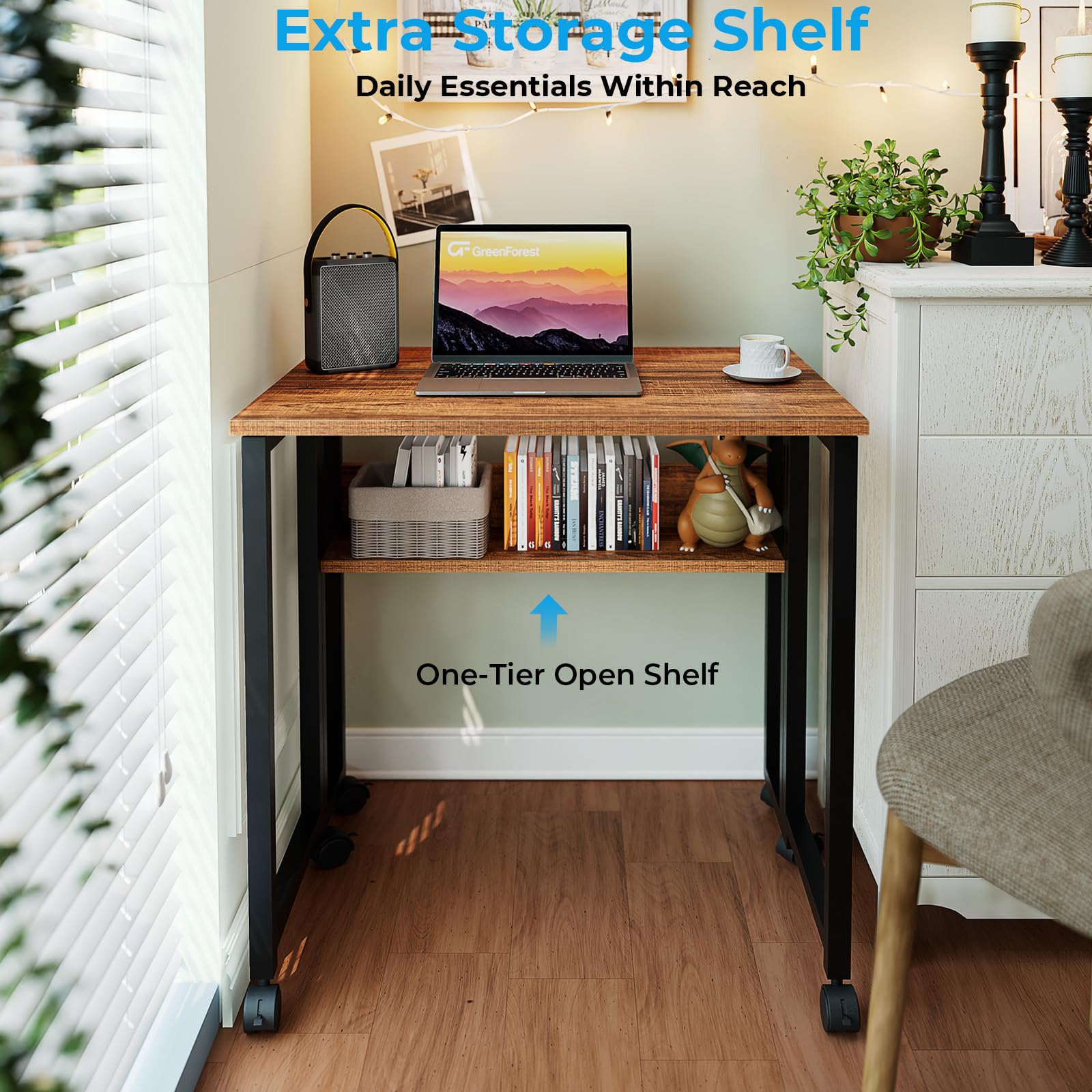 Folding Desk with Wheels, 31.5 Inch Compact Rolling Computer Table with Storage Shelf, Portable Mobile Workstation for Small Spaces, Easy Assembly, Walnut
