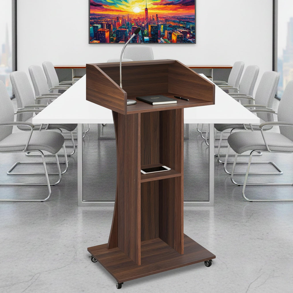 Podium Stand with Lockable Wheels,47"H Wooden Podium for Classroom, Mobile Pulpit Lectern with 3 Storage Shelves for Church, Office,Conference Room (Walnut)