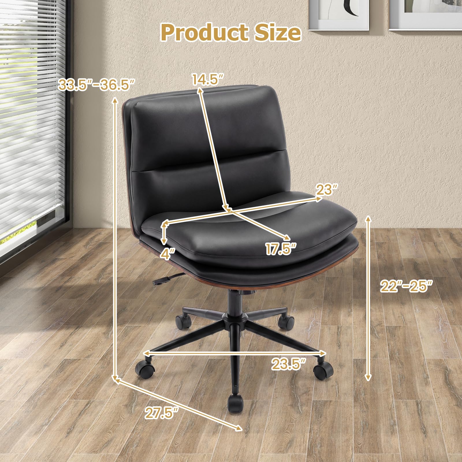 Armless Office Chair with Wheels, PU Leather Height Adjustable Vanity Chair w/Curved Backrest, Mid-Back Criss Cross 360° Swivel Ergonomic Computer Desk Chair for Home Office & Bedroom (Black)