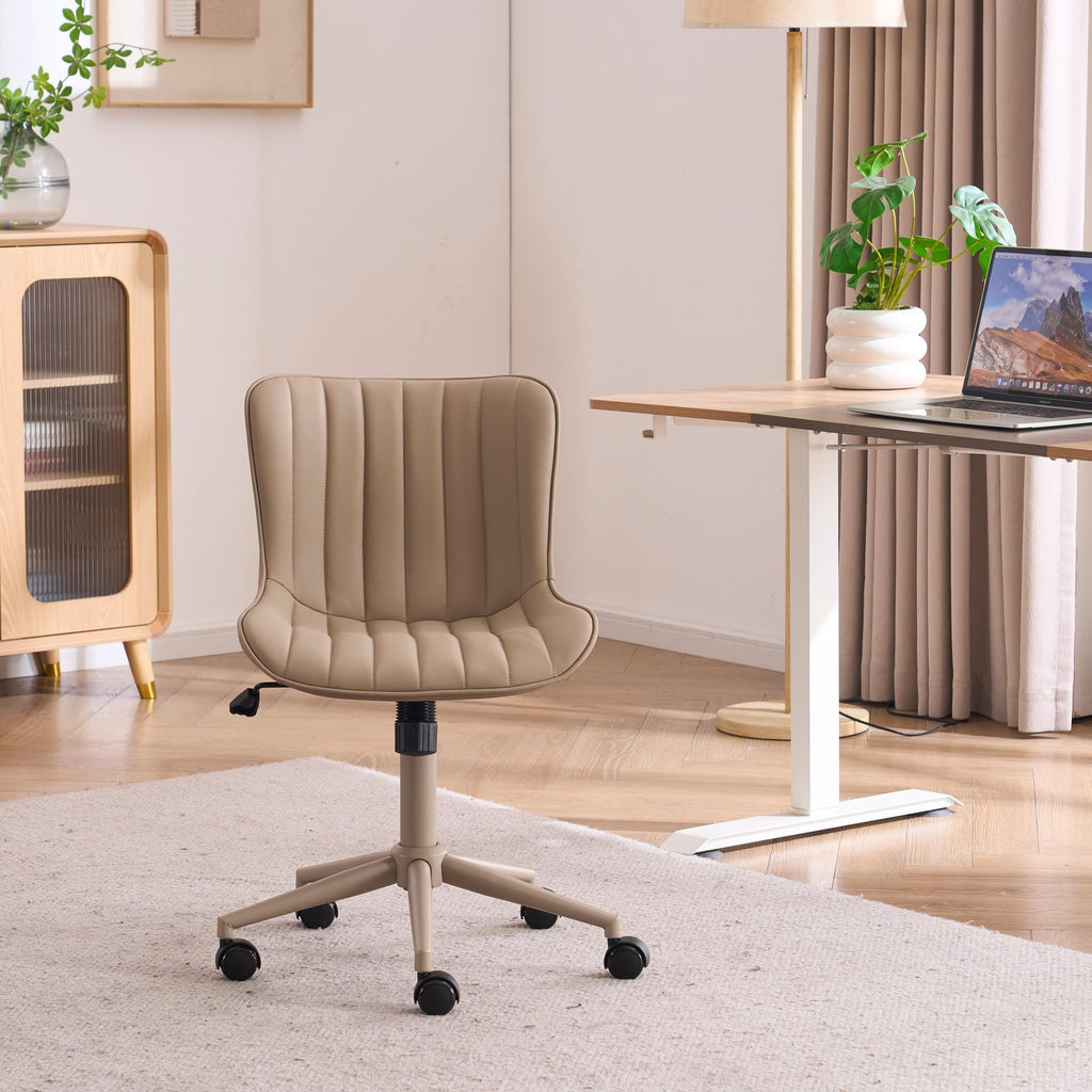 Home Office Desk Chair with Wheels Armless Vanity Chair with Back Comfy Modern Leather Upholstered Rolling Task Chair Swivel Small Cute Sewing Chair No Arms Wide Adjustable Ergonomic All Khaki