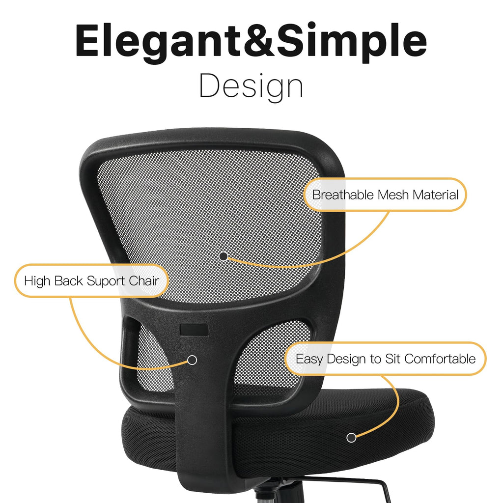 Armless Office Desk Chair Height Adjustable, Ergonomic High Back Mesh Task Chair, Rolling Office Stool for Small Spaces, Computer, Study,Sewing & Drafting - Black
