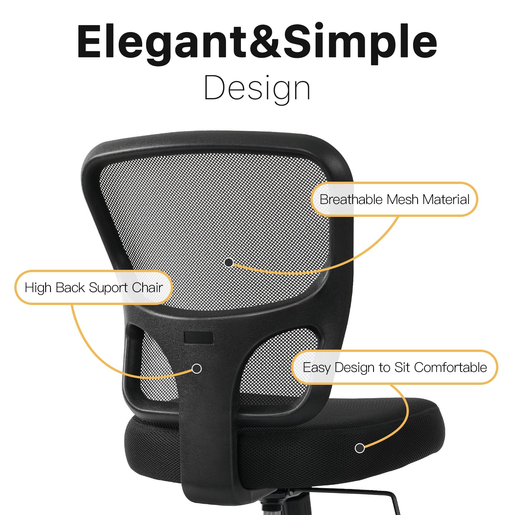Armless Office Desk Chair Height Adjustable, Ergonomic High Back Mesh Task Chair, Rolling Office Stool for Small Spaces, Computer, Study,Sewing & Drafting - Black