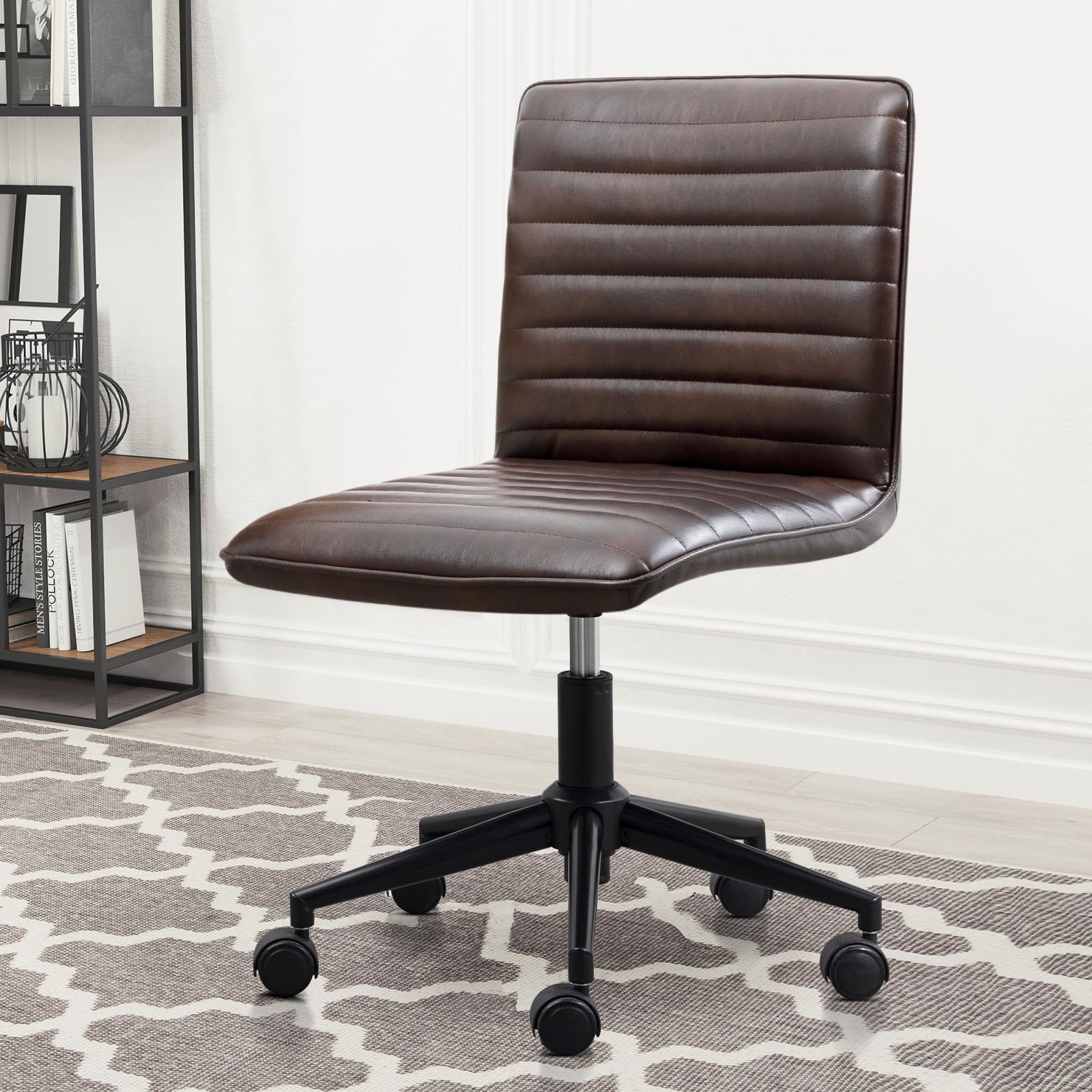 PU Leather Office Desk Chair, Armless Vanity Chair with Wheels 360° Swivel Mid Back Height Adjustable, Computer Rolling Chairs with Gold Metal Base Stool, Black Brown