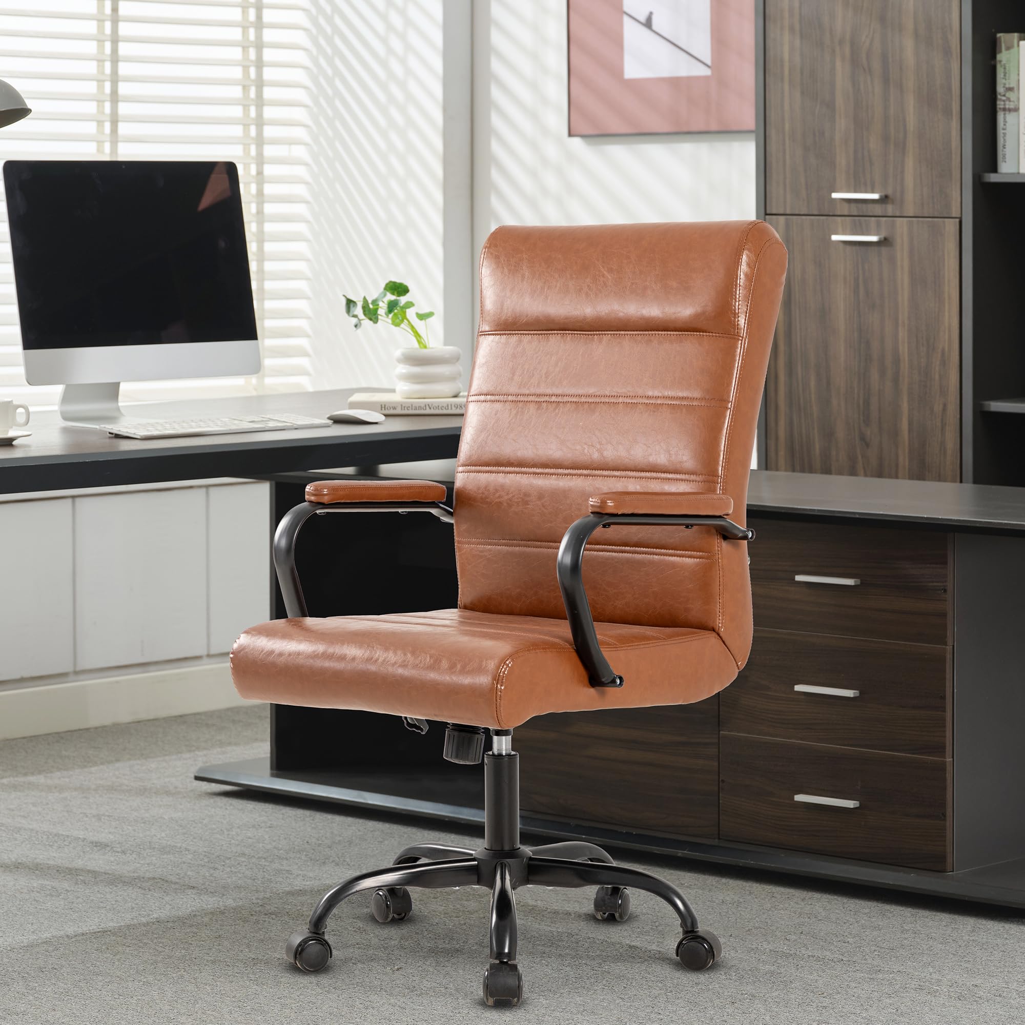 Office Desk Chair,Modern Leather Conference Room Chairs,High Back Home ofiice Chair,Adjustable Height Swivel Executive Computer Chair with Armrest and Padded Seat,Brown with Black Frame