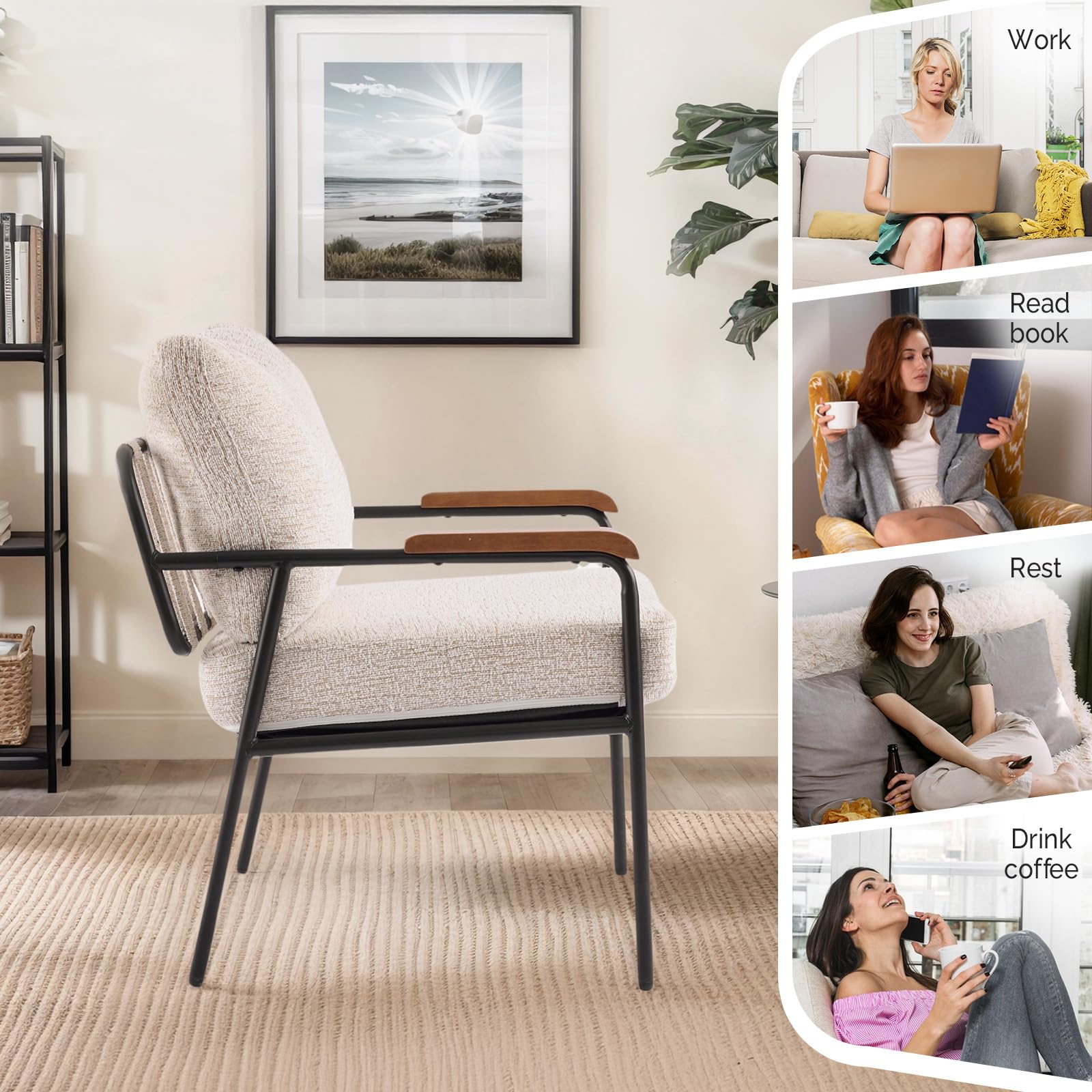 Mid-Century Modern Accent Armchair for Office, Small Comfy Upholstered Leisure Reading Chair with Wood Armrest for Office, Bedroom, Living Room, Waiting Room, Linen Beige
