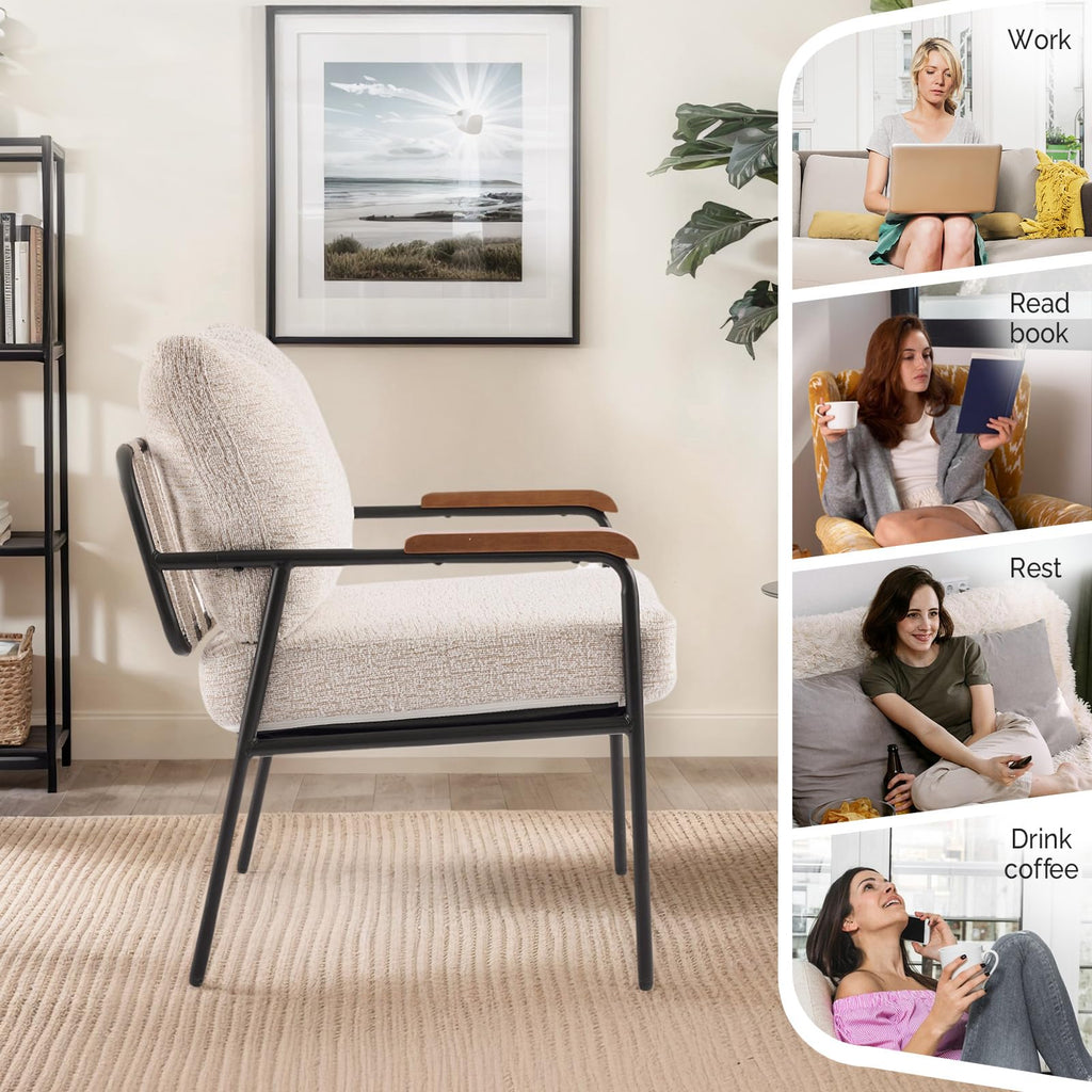 Mid-Century Modern Accent Armchairs Set of 2 for Office, Small Comfy Upholstered Leisure Reading Chairs with Wood Armrests for Office, Bedroom, Living Room, Waiting Room, Linen Beige