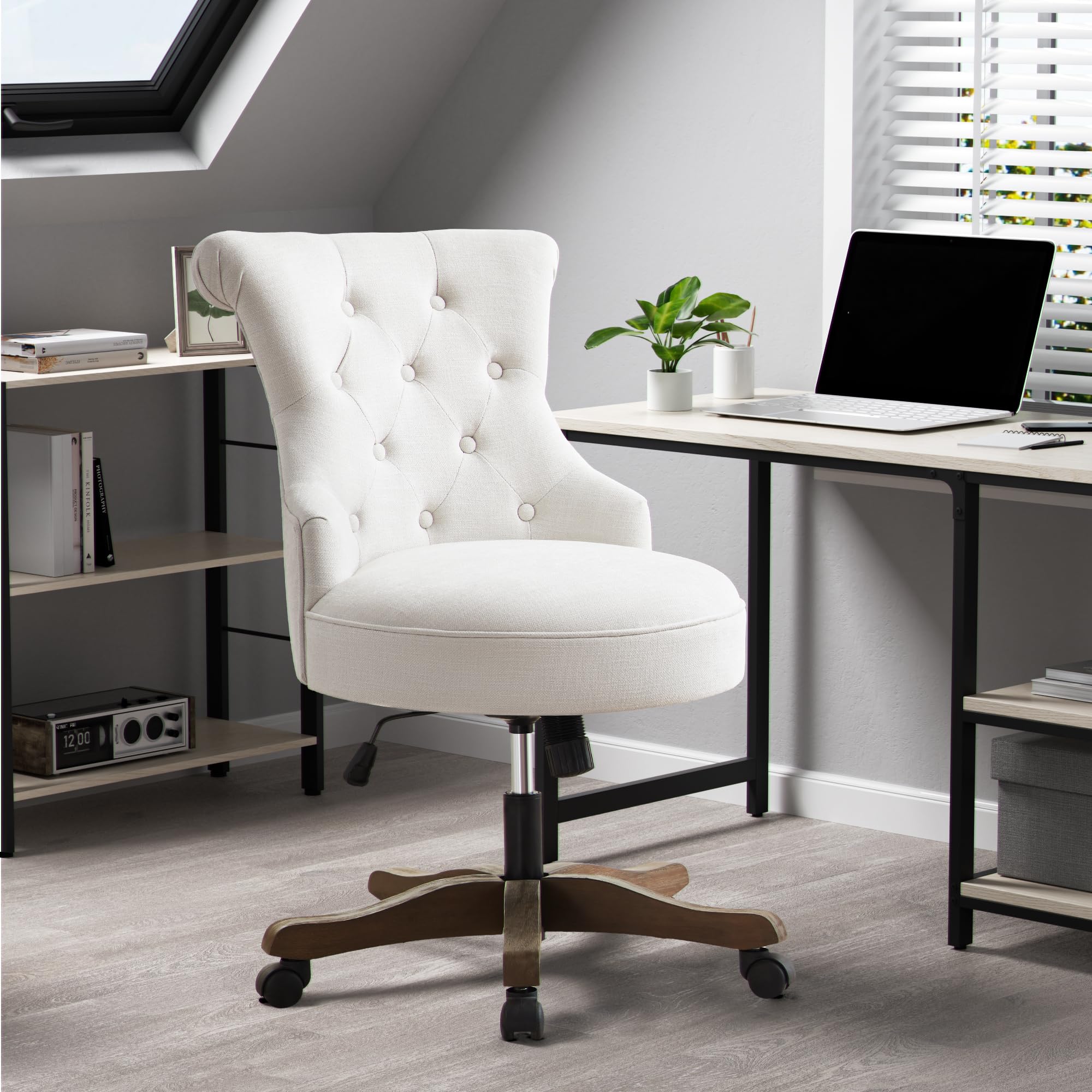 Home Office Chair Upholstered Armless Desk Chairs with Wheels Adjustable Height Computer Desk Chair with Wooden Legs Linen Comfortable Swivel for Home Office Study Studio (Beige)