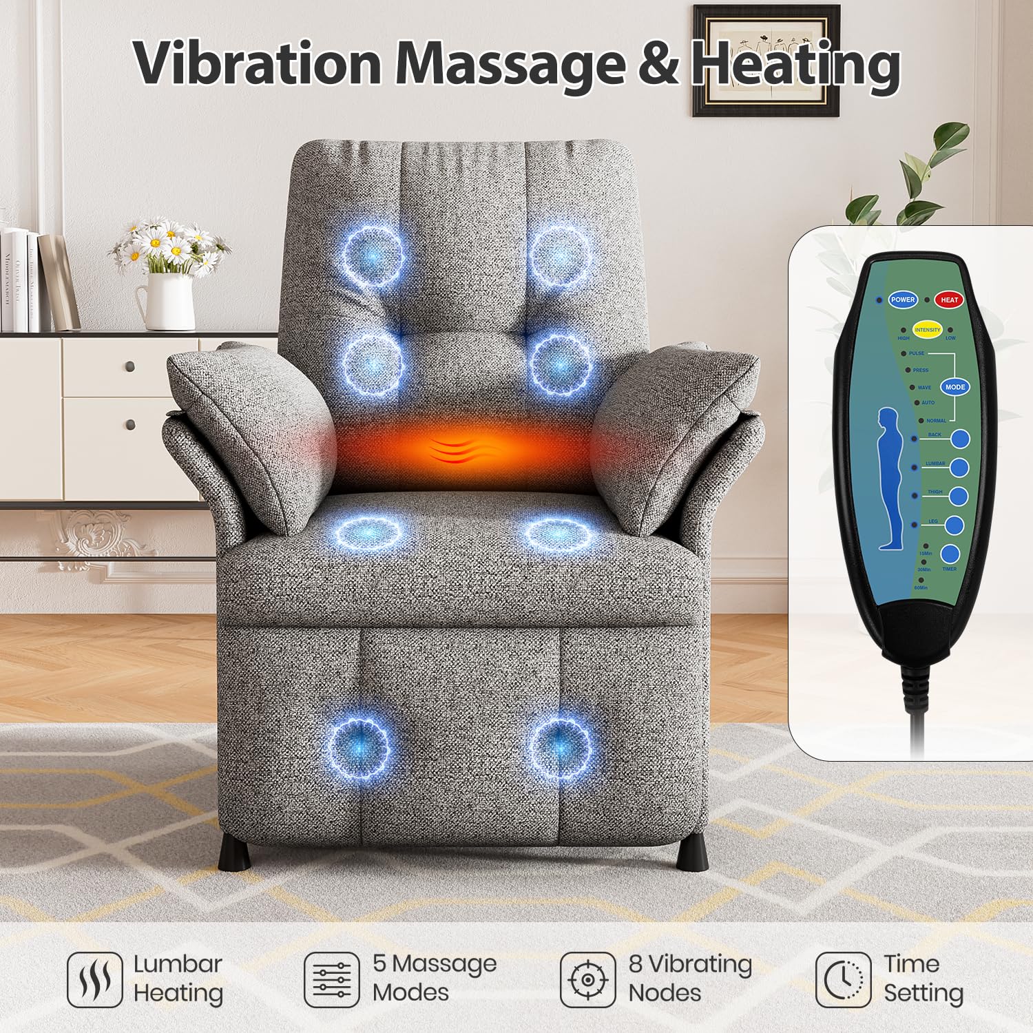 Power Recliner Chair for Adults with Heat & Massage - Linen Electric Reclining Sofa with Remote Control, 3 Side Pockets, 180° Lay Sleeper for Living Room Home Theater, Light Grey