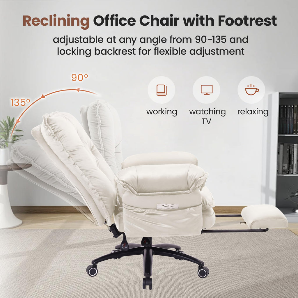 Criss Cross Chair with Adjustable Arms and Foot Rest, Wide Seat Reclining Office Chair with Wheels, Makeup Vanity Chair with Side Pockets, Comfy Velvet Cross Legged Desk Chair, Beige