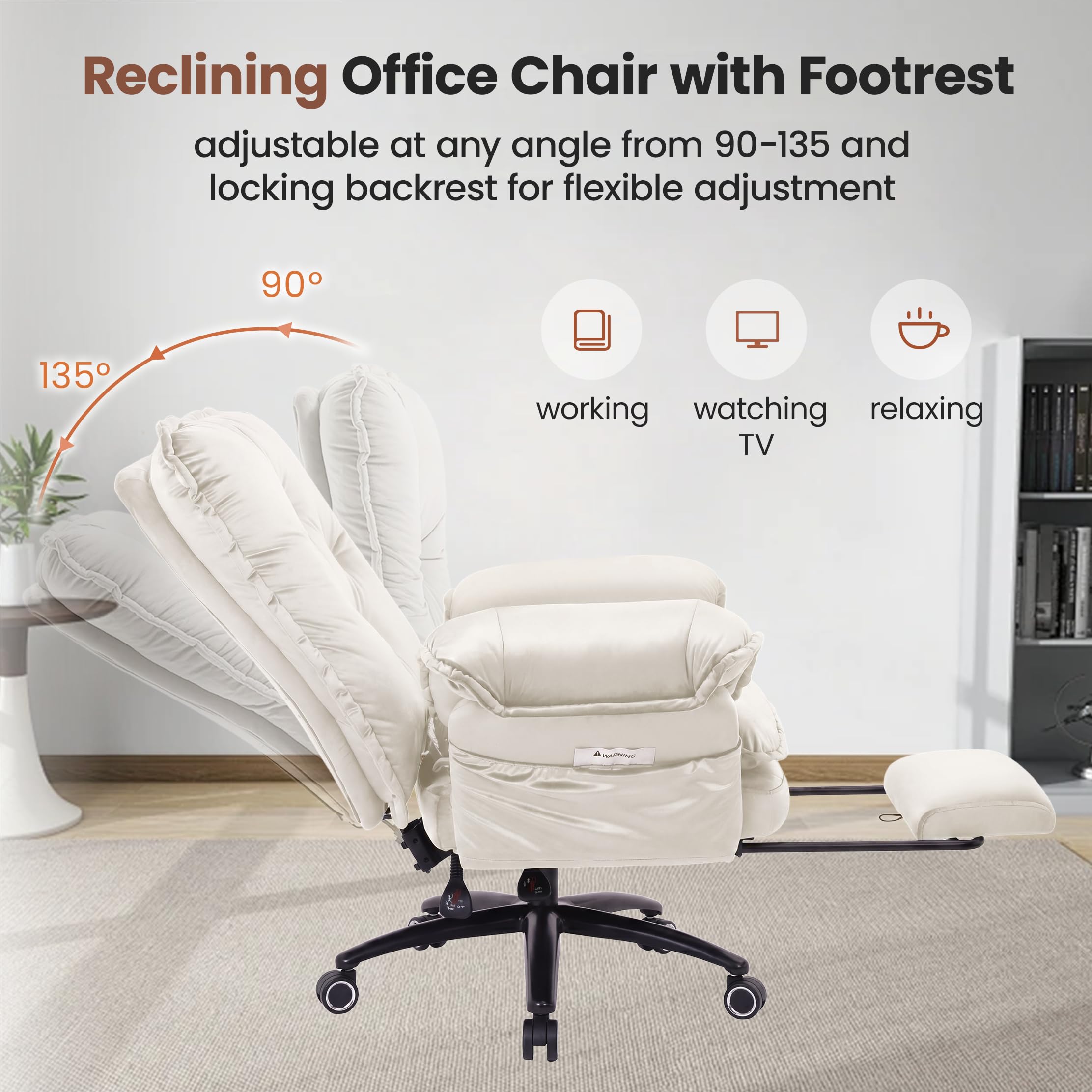 Criss Cross Chair with Adjustable Arms and Foot Rest, Wide Seat Reclining Office Chair with Wheels, Makeup Vanity Chair with Side Pockets, Comfy Velvet Cross Legged Desk Chair, Beige