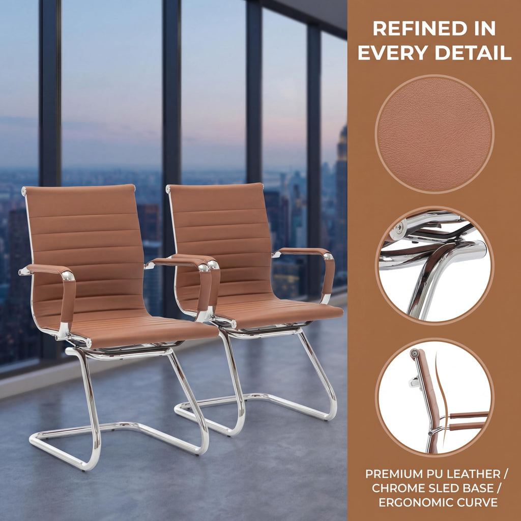 Conference Room Chairs Set of 6, Waiting Room Chairs with Arms, Faux Leather Reception Chairs No Wheels, Office Guest Chairs with Mid Back Support and Chrome Sled Base, Cafe