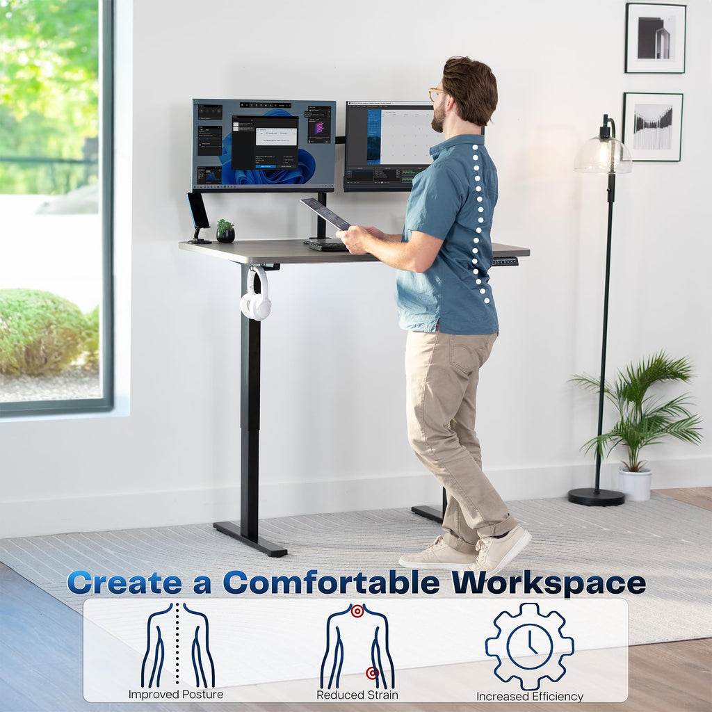 Electric 48 x 30 in Standing Desk, Memory Height Adjustment, 1B Series, Holds 220 lbs, One-Piece Dark Gray Top, Black Frame
