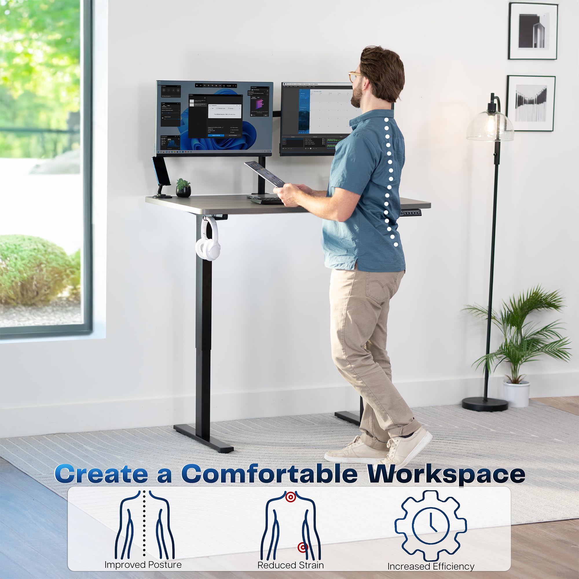 Electric 48 x 30 in Standing Desk, Memory Height Adjustment, 1B Series, Holds 220 lbs, One-Piece Dark Gray Top, Black Frame