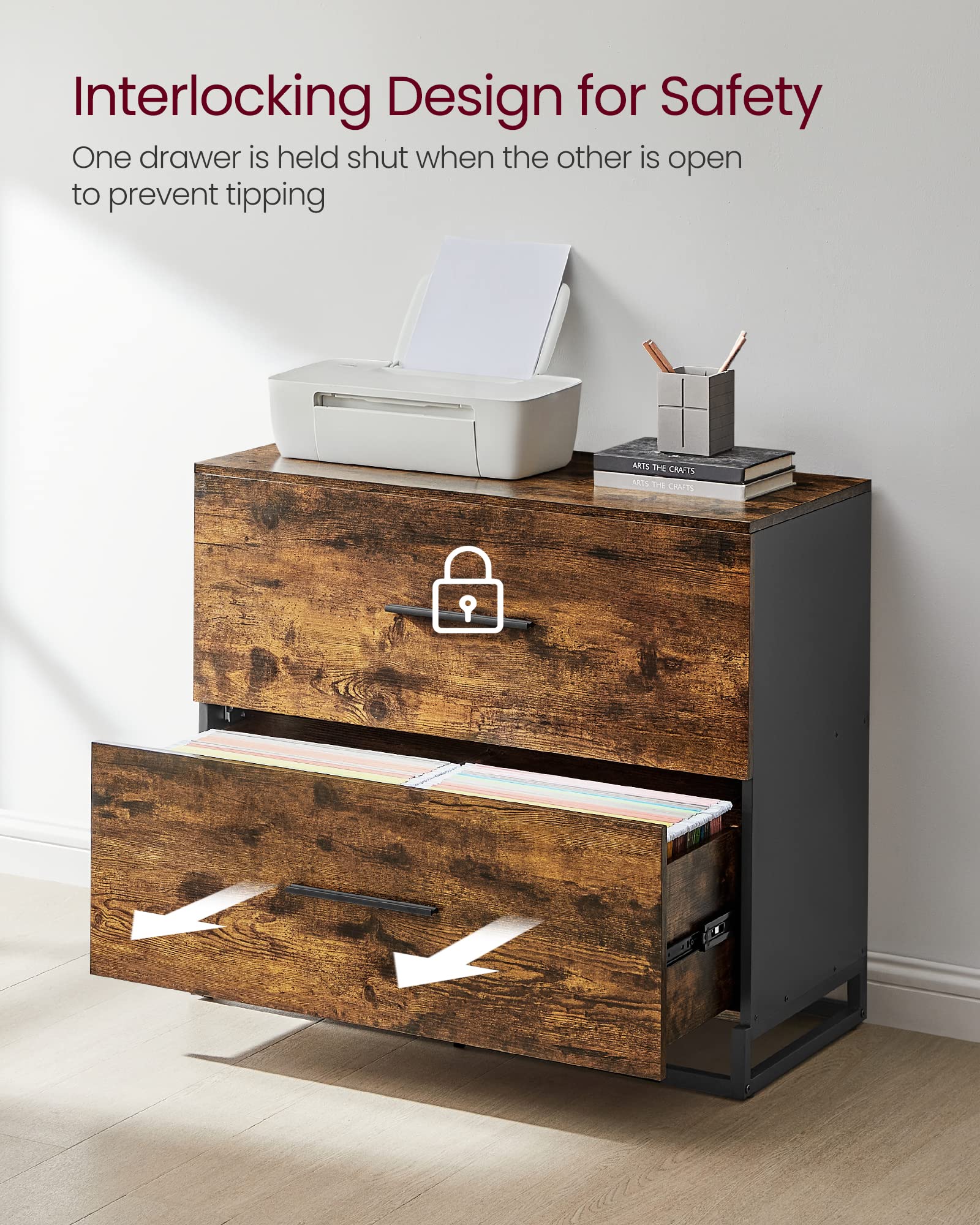 File Cabinet, Home Office Printer Stand, 2-Drawer Filing Cabinet, with Anti-tip Interlocking Mechanism, for A4, Letter-Size, Legal-Size Hanging Files, Rustic Brown and Ink Black
