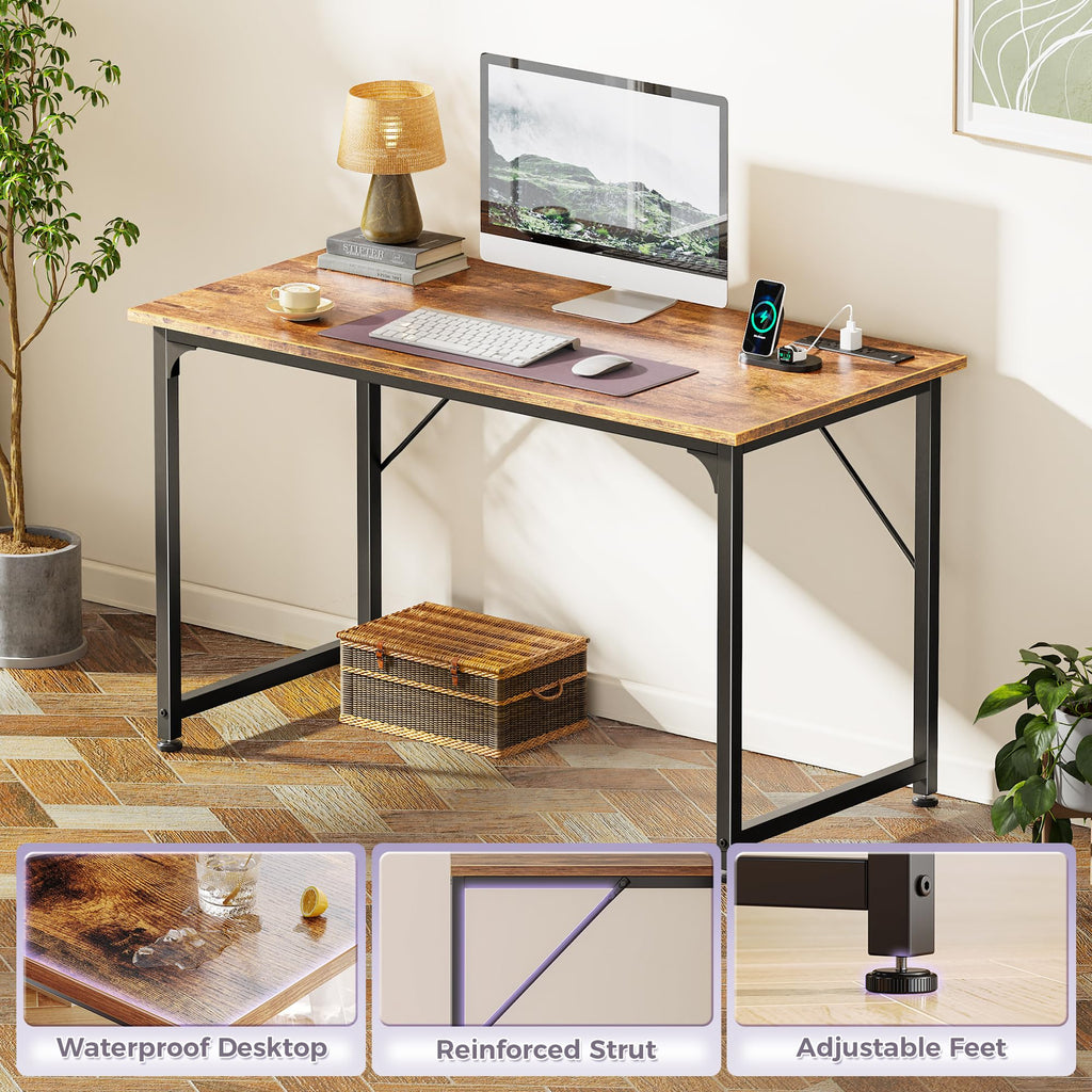 40 X 20 Inch Computer Desk with Power Outlets and USB-C Port, Gaming Office Desk with Deeper Desktop, Writing Work Desk for Home Office, Study, Bedroom, Metal Frame, Rustic Brown