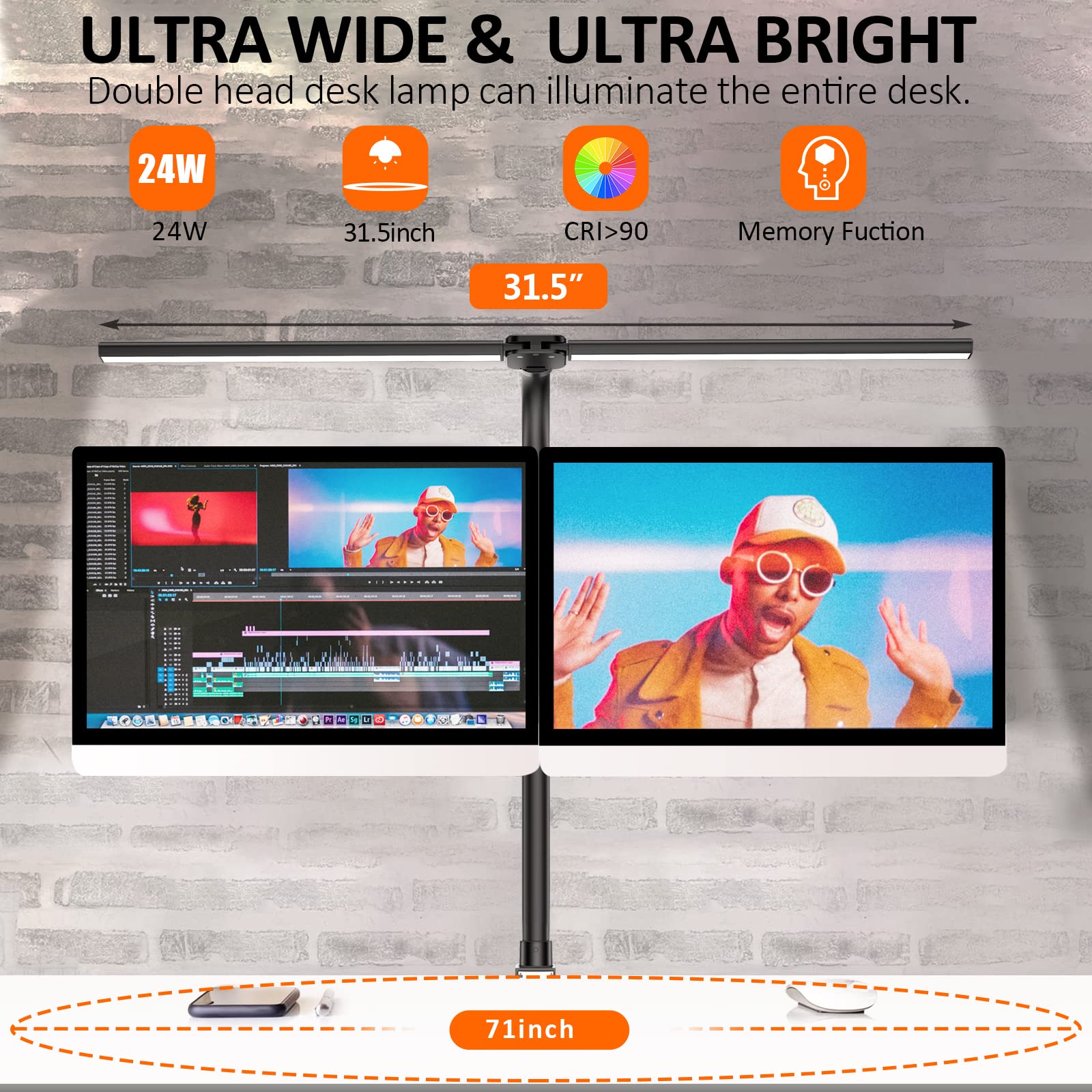 Double Head LED Desk Lamp, Architect Desk Lamps for Office, 24W Brightest Workbench Office Lighting-5 Color Modes and 5 Dimmable Eye Protection Modern Desk Lamp for Monitor Reading