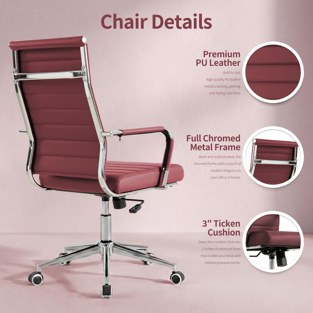 Red Office Desk Chair, Ergonomic Leather Modern Conference Room Chairs, Executive Ribbed Height Adjustable Swivel Rolling Chair for Home Office. (Red)