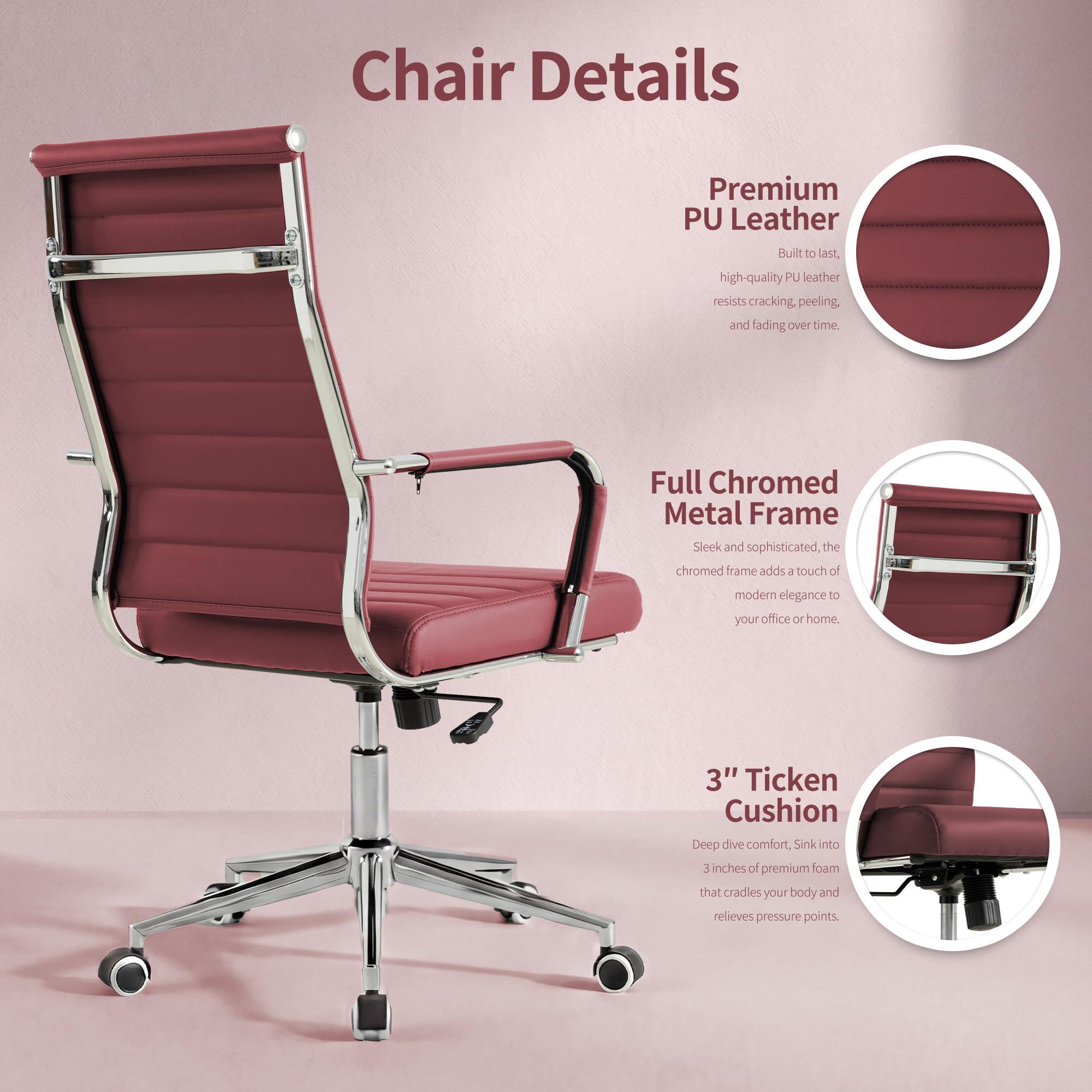 Red Office Desk Chair, Ergonomic Leather Modern Conference Room Chairs, Executive Ribbed Height Adjustable Swivel Rolling Chair for Home Office. (Red)