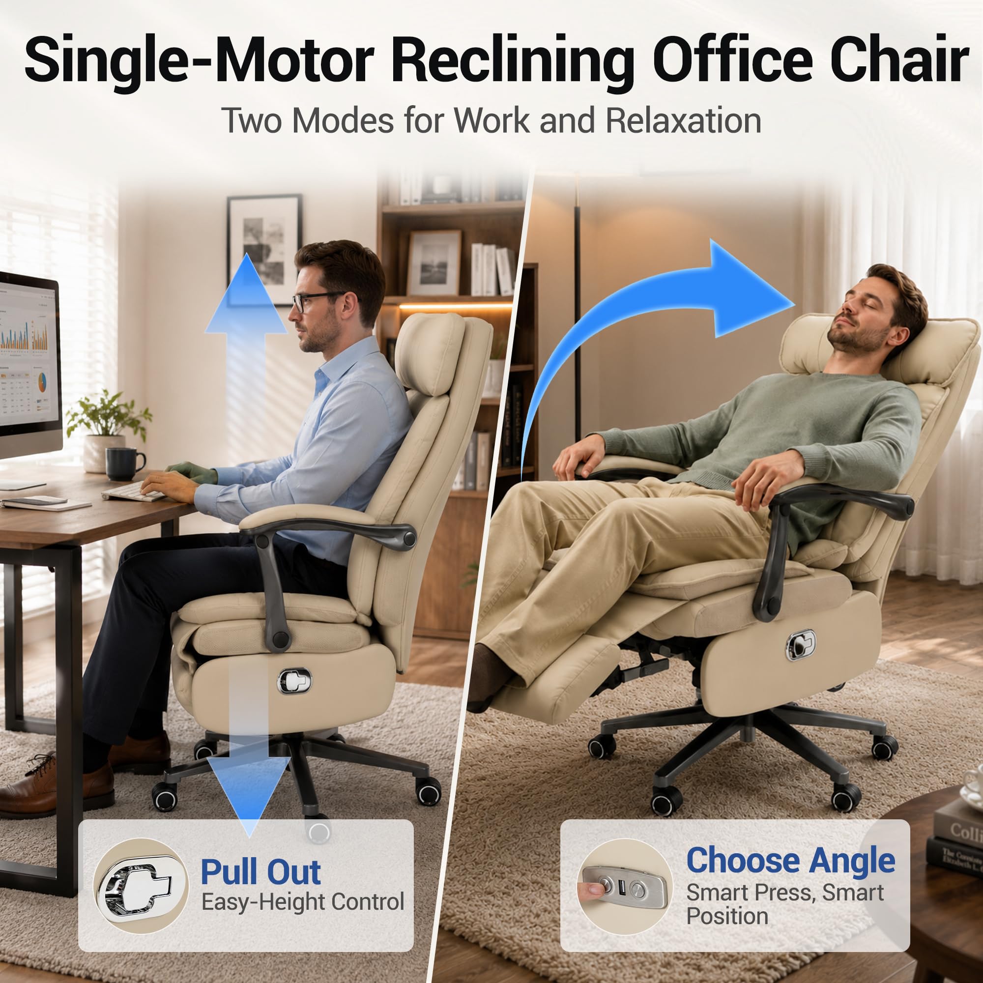 Electric Office Chair with USB Charging, 420lbs PU Leather Power Recliner with Footrest, Ergonomic High Back Executive Chair for Home Office & Gaming, Beige