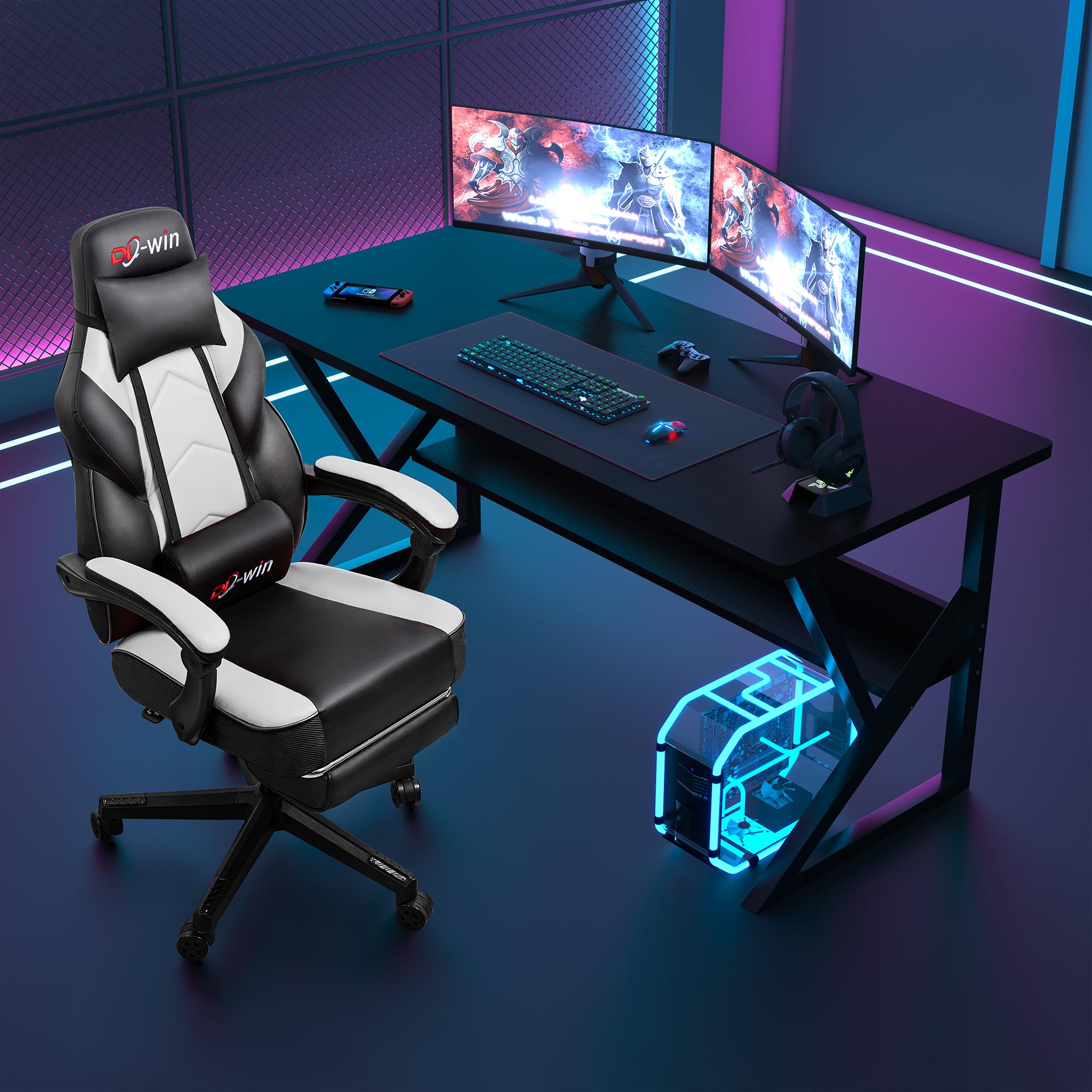 Video Gaming Chair for Adults, Computer Chair with Footrest and Ergonomic High Back, Big and Tall Gamer Chair with Massage Lumbar Support, 360° Swivel Height Adjustable Computer Chair, White