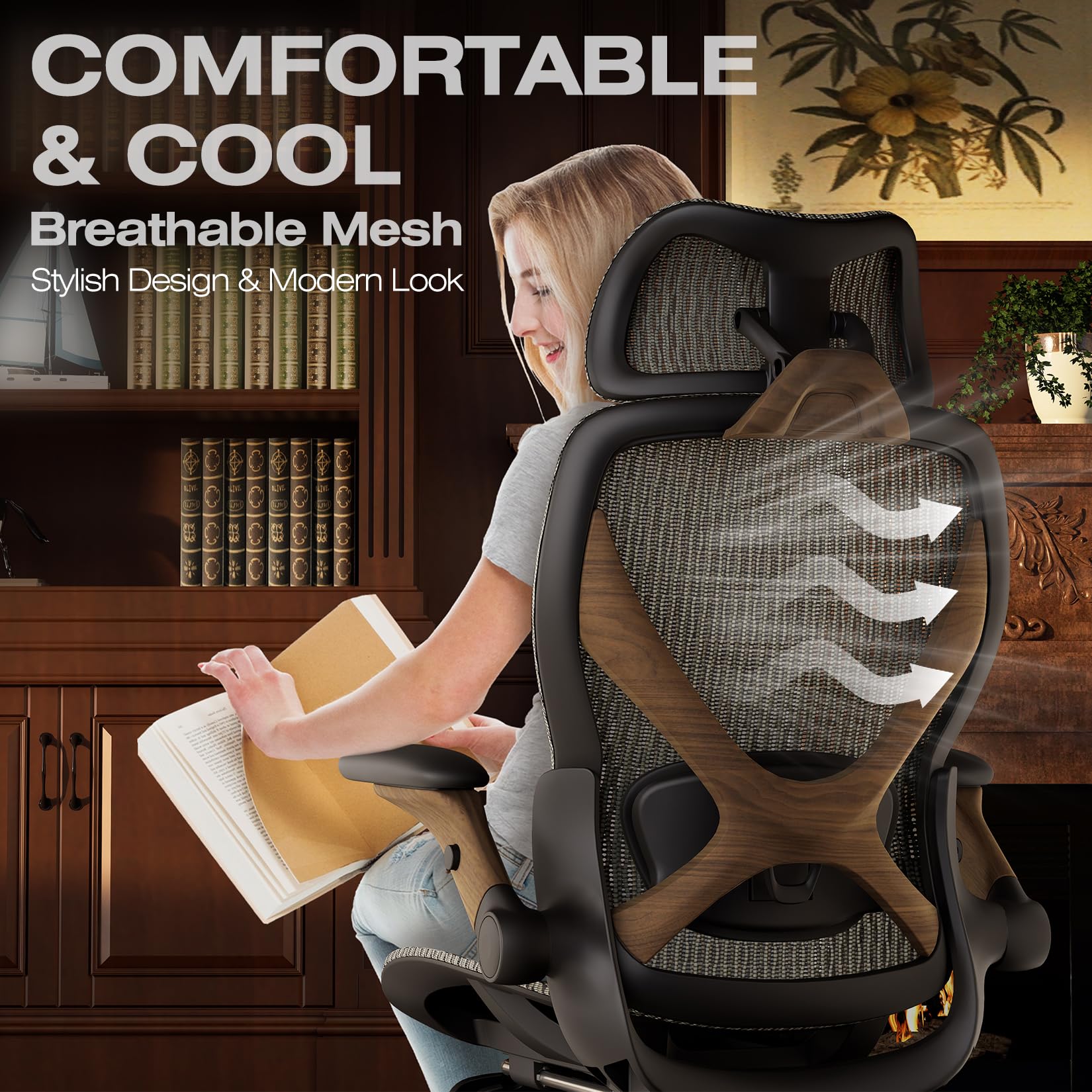 X100 Ergonomic Office Chair with Footrest, Big and Tall Home Desk Chair with 5D Flip-Up Arms, Adjustable 3D Lumbar Support,High Back Rolling Computer Chair, Swivel Mesh Chairs (Coffee Break)