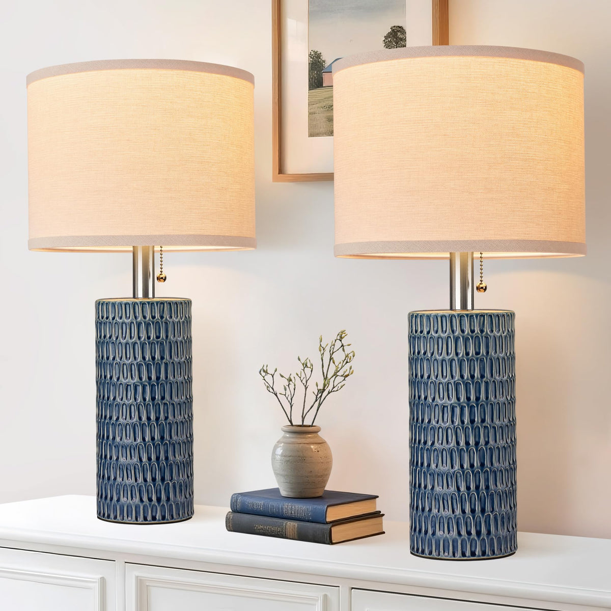 20.5" Modern Ceramic Table Lamps for Bedroom Set of 2, Bedside Lamps for Night Stands with Beige Lampshade, Farmhouse Table Lamp for Living Room Office Dorm, Blue