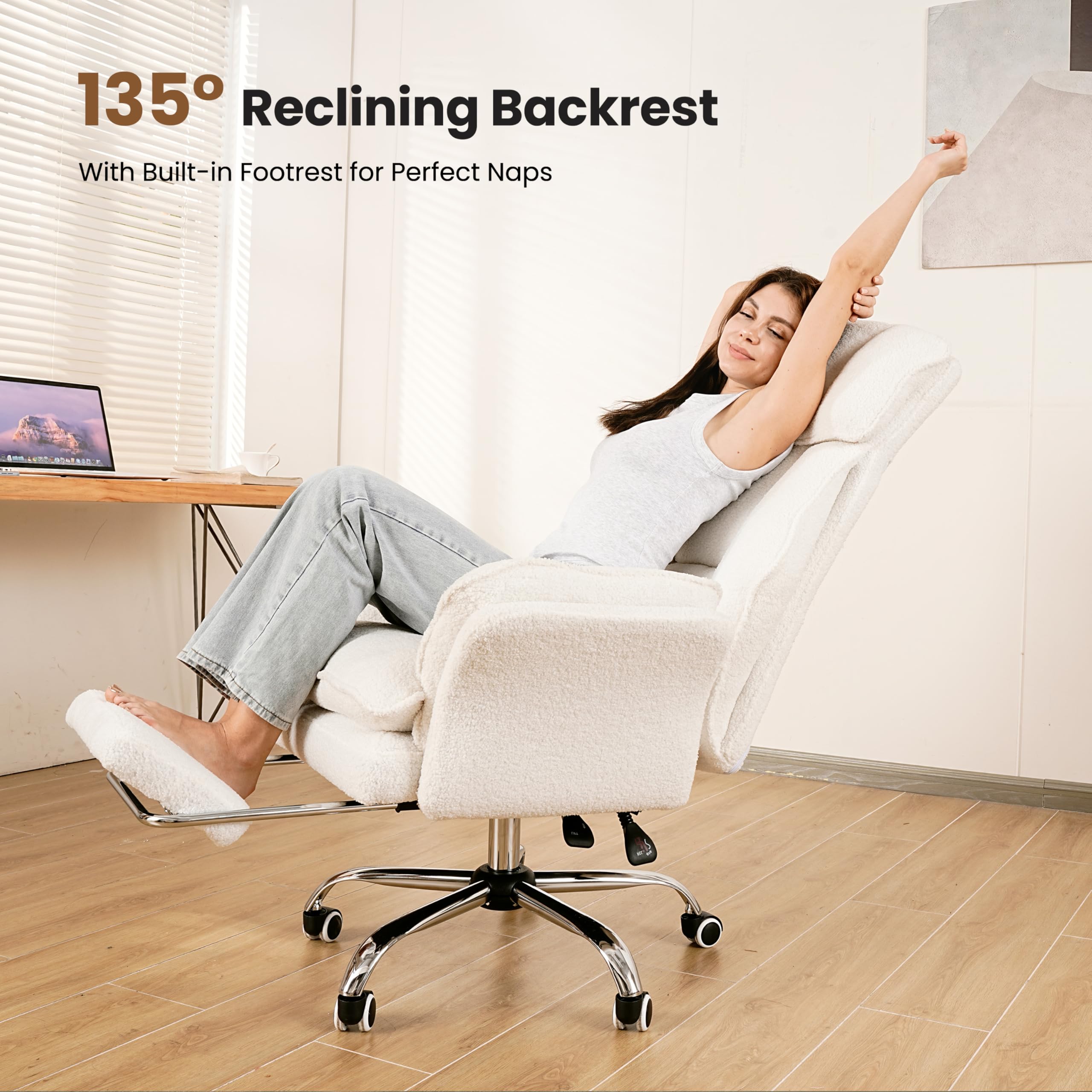 Big and Tall Office Chair, Flip Armrests for Pets & Cross Legged Sitting, Executive Ergonomic Computer Gaming Chair with Foot Rest, Teddy Fleece Wide Seat Reclining Desk Chair, Pink
